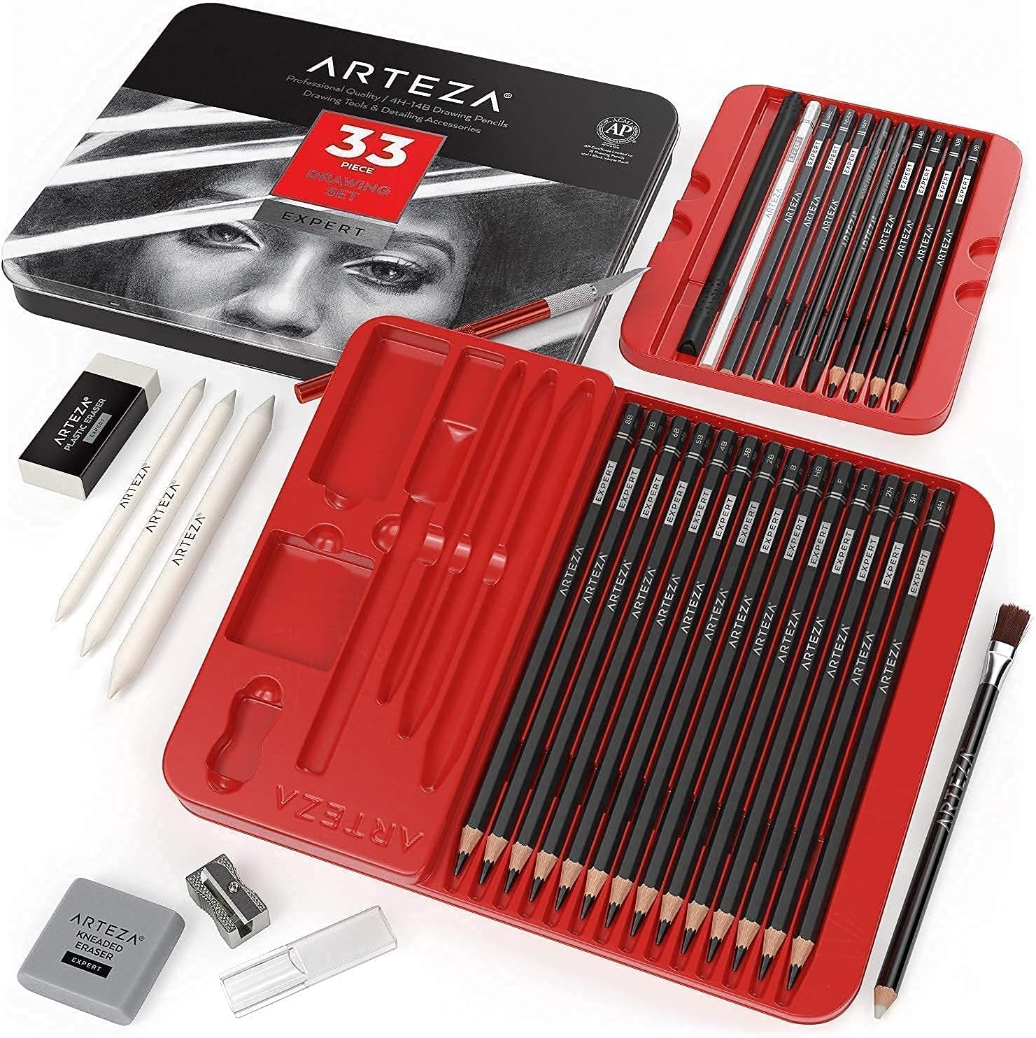 ARTEZA Drawing and Sketching Bundle, with Set of 33 Artist Sketching Tools and 3-Pack of Sketch Books, Drawing Art Supplies for Artist, Hobby Painters & Beginners