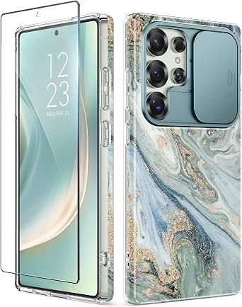 GVIEWIN for Samsung Galaxy S25 Ultra Case with Slide Camera Cover Marble
