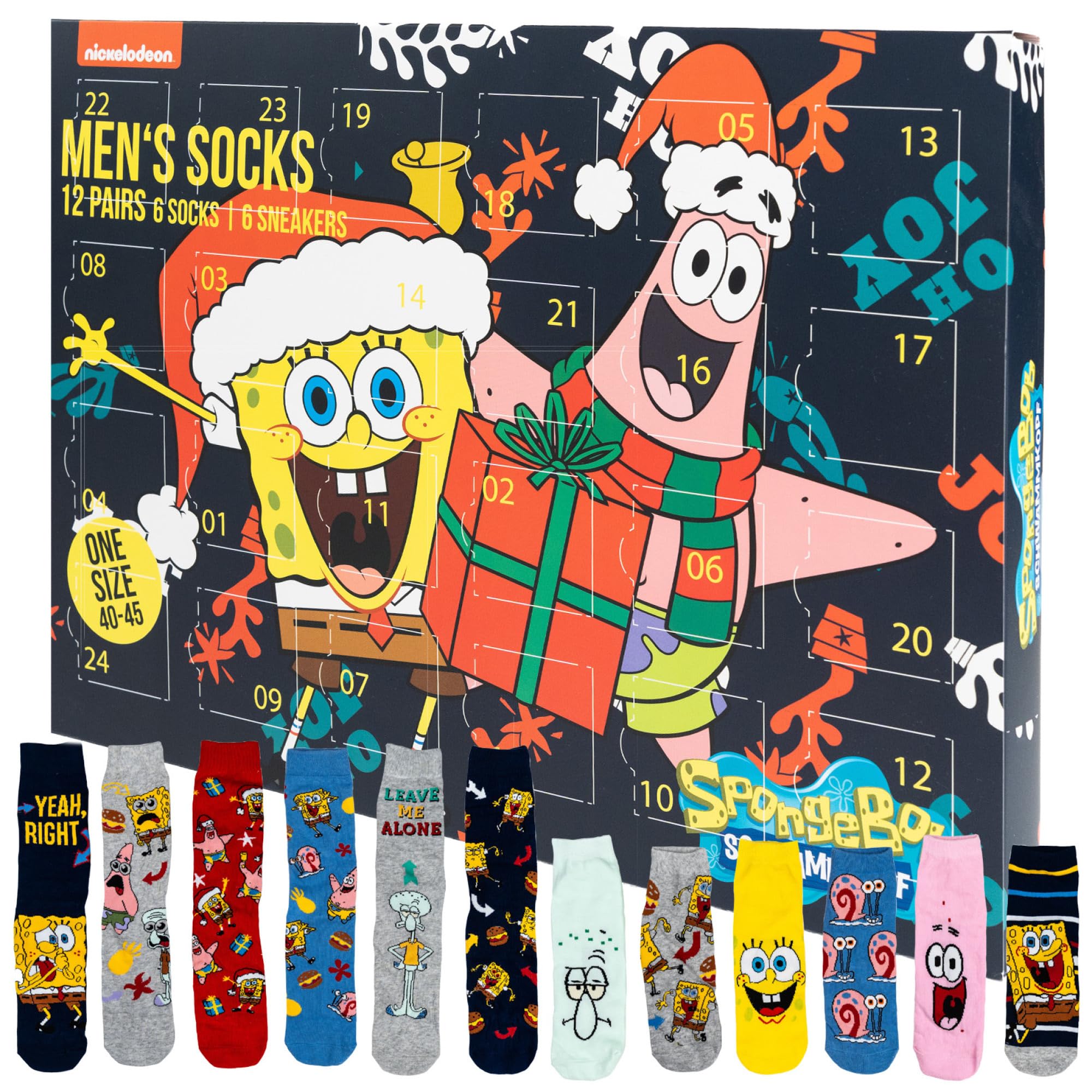 Calendrier de l'Avent Bob l'éponge avec 12 paires de chaussettes Taille 40-45 pour homme Calendrier de Noël avec baskets et chaussettes longues