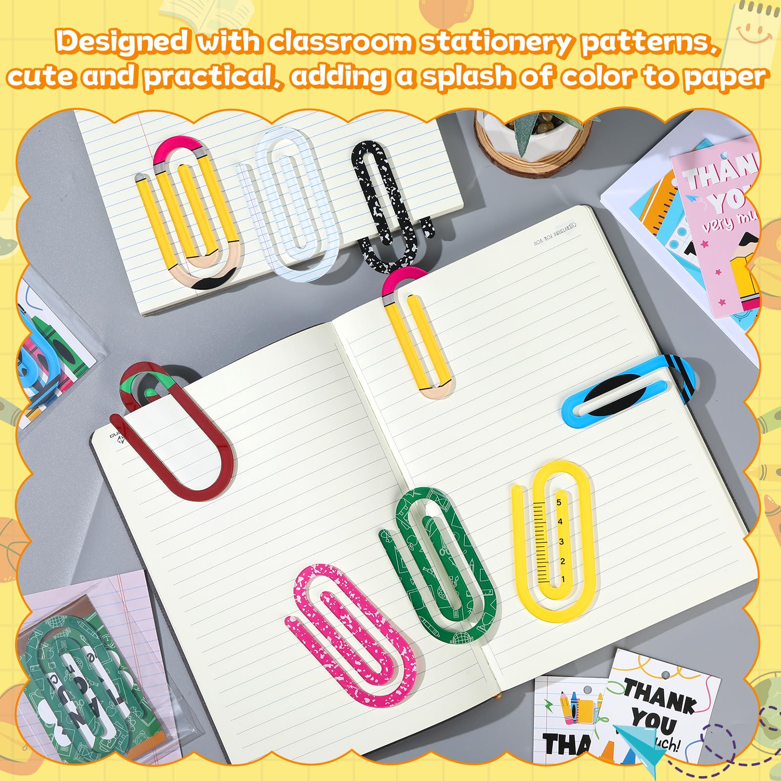 Jumbo-Büroklammern, 24 Stück, für Lehrer, Wertschätzung, Geschenk, klare Acrylklammern, Lesezeichen, Geschenk mit Dankeskarten, niedliches Büroklammer-Design für Lehrer, Büro, Klassenzimmer