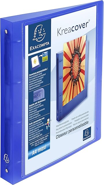 Exacompta - ref. 51562E - 1 customizable rigid PP binder with 1 pocket - 4 round rings, 30 mm diameter - External dimensions: 32 x 26.8 cm - A4 Maxi file format - Colour: blue