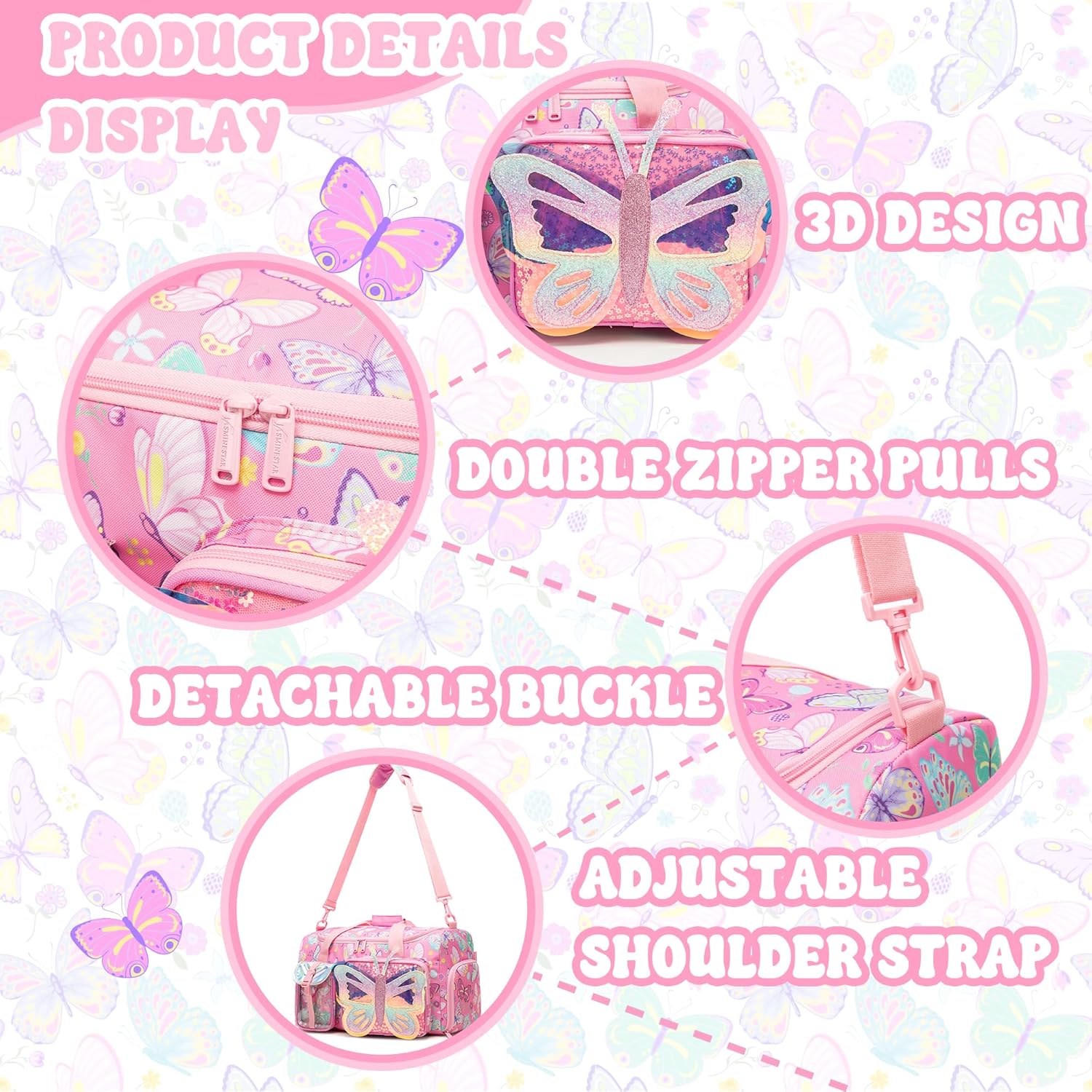 Butterfly Kids Duffle Bag Girls Ballet Dance Bag Overnight Travel Bags for Girls Gymnastics Sports Bags for Kids with Shoe Compartment - Image 6