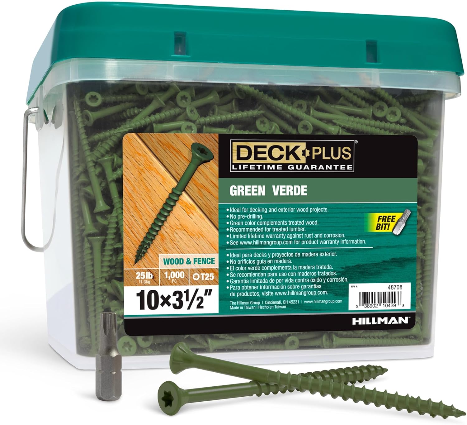 Deck Plus 3-1/2 Inch Epoxy Coated Exterior Wood and Fence Screws #10 x 3-1/2" Torx/Star Drive Included Coarse Thread, Outdoor Rust Resistant Decking Screw, Green, 25lb Box, 1400 Pieces | 48708 #10 x 3-1/2" 25lb Box
