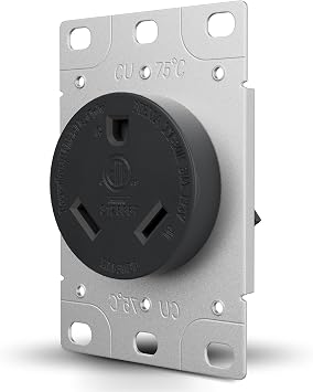 RV 30 Amp, 125 Volt, NEMA TT-30R, 2P, 3W Power Receptacle Flush Mounting Receptacle, Straight Blade, Industrial Grade, Grounding, Side Wired, Steel Strap, Black 30-Amp