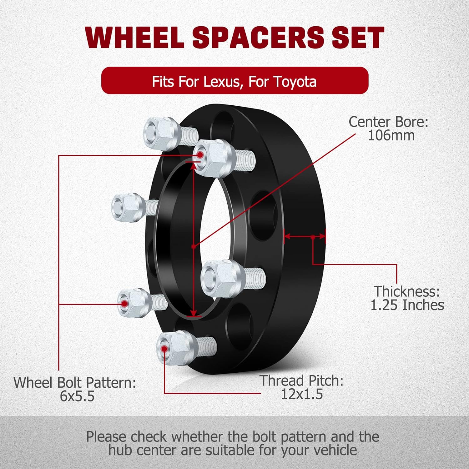 6x5.5 Wheel Spacers 1.25" for T-o-y-o-t-a Tacoma 4runner, Hub Centric Wheel Spacers 6 Lug 12x1.5 Studs 106mm for Tundra FJ Cruiser GX460 GX470 Sequoia L-and Cruiser Ventury