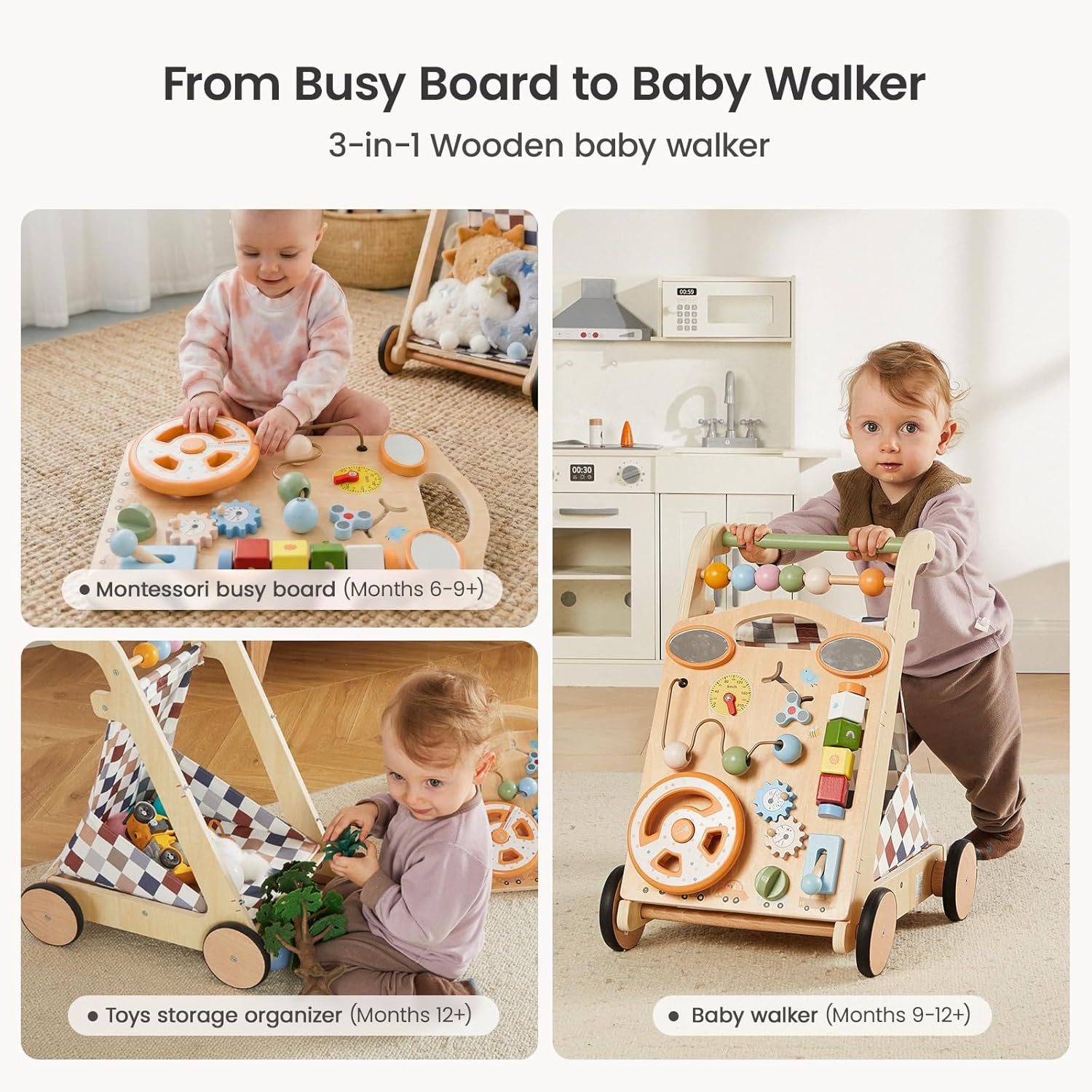 Image showing the GROWNSY Wooden Baby Walker in its three configurations: as a Montessori busy board, a toy storage organizer, and a baby walker.