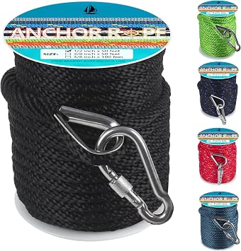 1/2 Inch 50 FT Anchor Rope, Boat Anchor Rope Solid Braid MFP, Anchor Line with 316 Stainless Steel Thimble and Snap Hook - Black