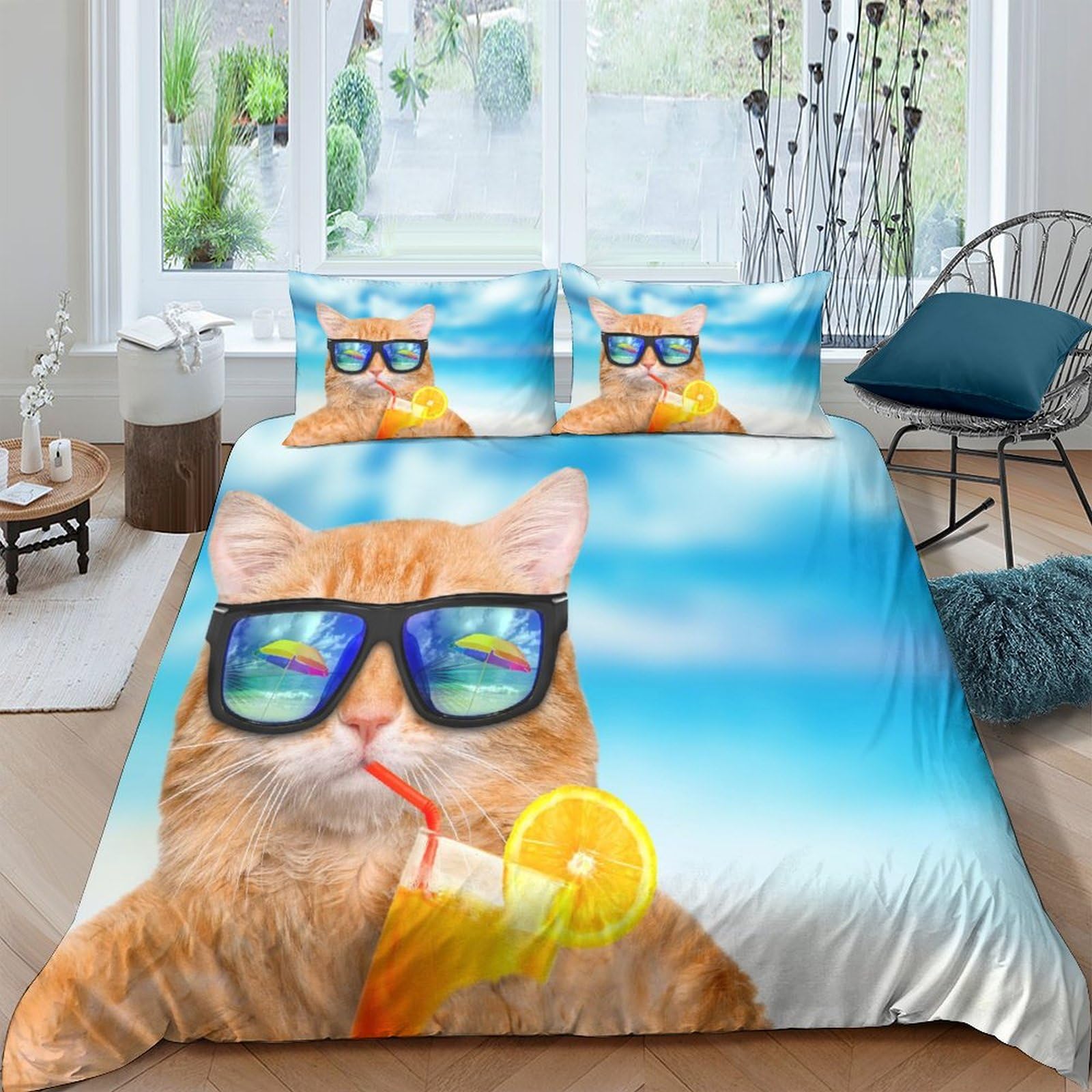Funda nórdica de gato con gafas de sol 3D para cama King de 220x240cm