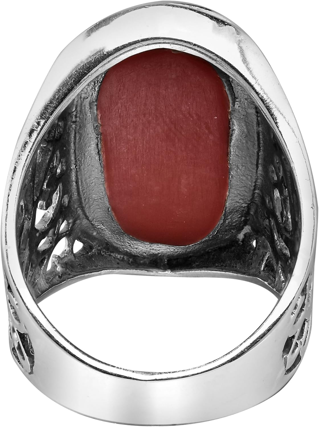 AeraVida Bold Lrg Oval Reconstructed Red Coral Intricate Heart Filigree .925 Sterling Silver Ring