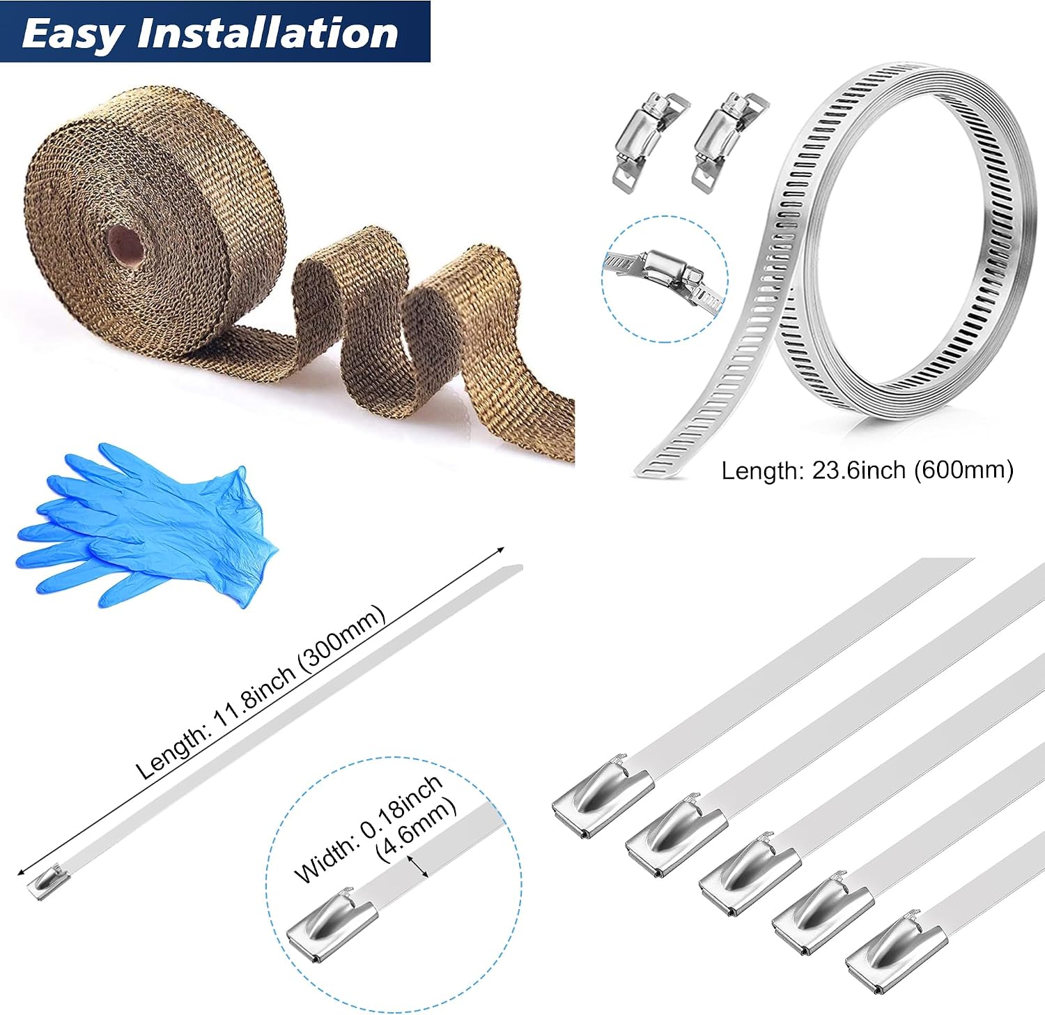 Exhaust Heat Wrap Roll for Motorcycle Auto Titanium Fiberglass Heat Shield Tape with Stainless Hose Clamp Ties (Titanium, 2" x 50')