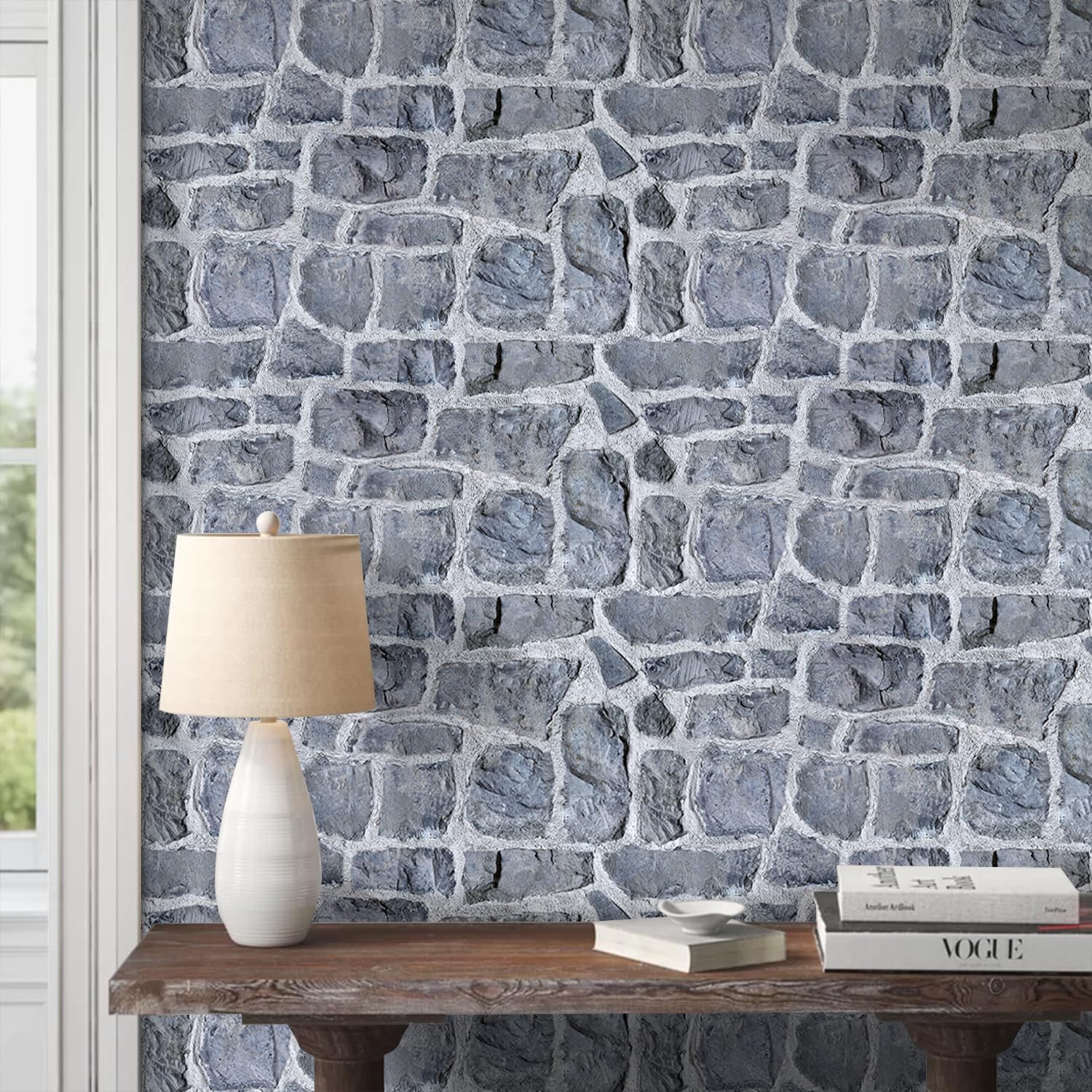3d gray stone wall panel peel and stick,12 pcs of 22.8" x 11.8", diy lightweight pvc stone brick self adhesive decorative tiles backsplash interior decor, paintable, covers 22.48 sq.ft