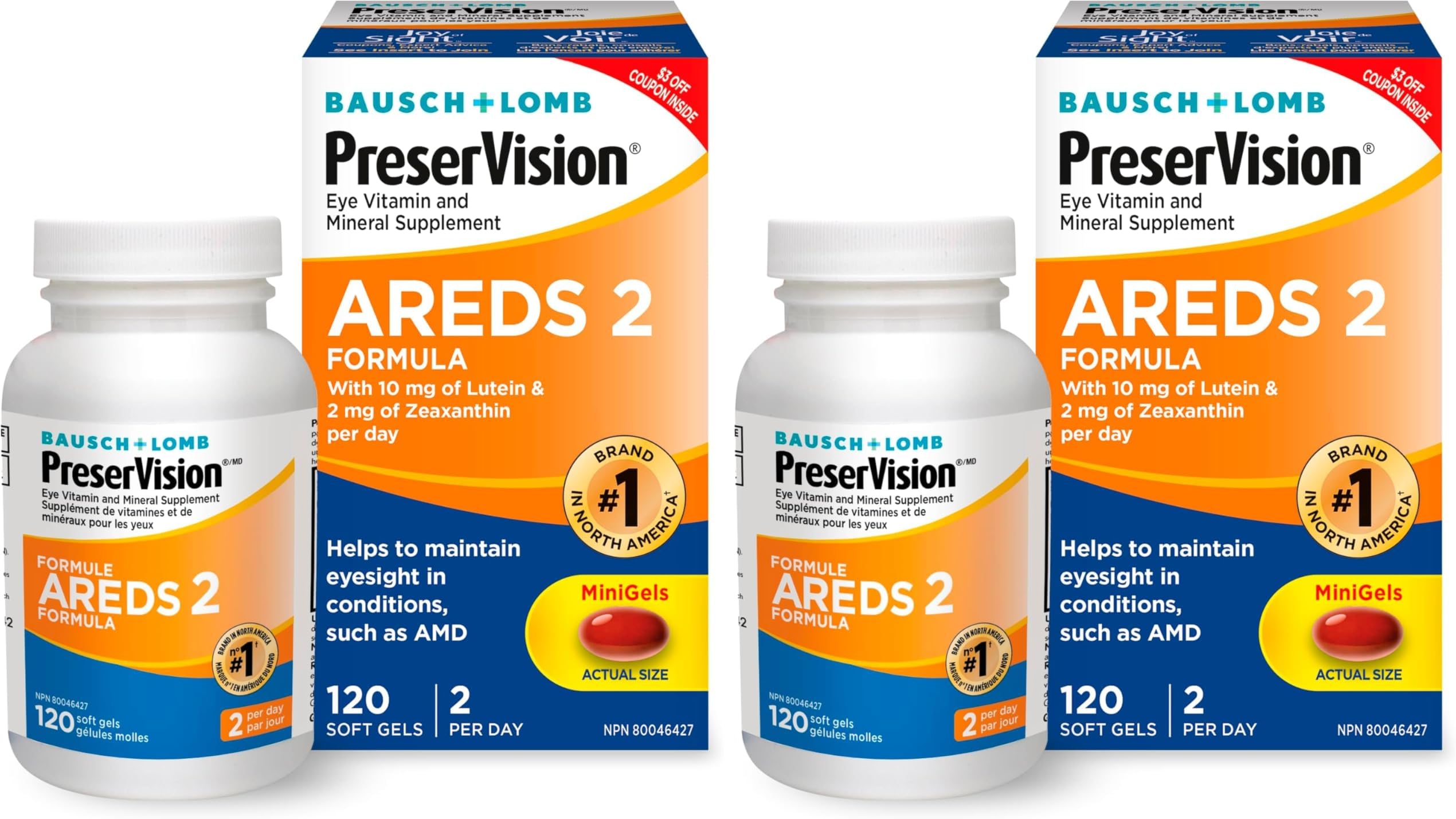 PreserVision AREDS 2 Eye Vitamins, #1 Eye Doctor Recommended Brand, Lutein and Zeaxanthin Supplement with Vitamin C, Vitamin E, Zinc, and Copper, Softgels (Minigels), 120 Count (Pack of 2)