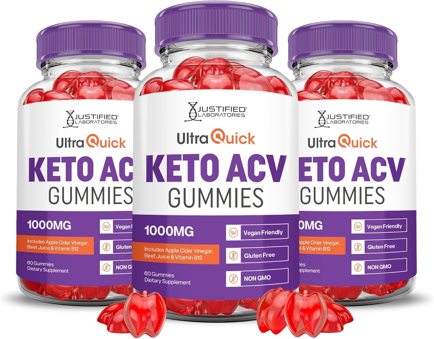 Justified Laboratories (3 Pack Ultra Quick Keto ACV Advanced Formula 1000MG Apple Cider Vinegar Formulated with Pomegranate Beet Juice Powder B12 Vegan Non GMO 180 Gummies