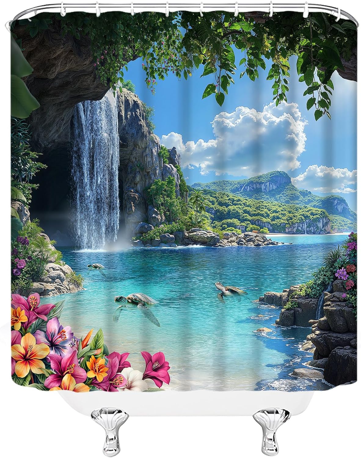 Waterfall Coastal Shower Curtain Sea Turtle Tropical Rainforest Beach Flower Leaves Mountain Jungle 70" Wx84 H Fabric Bathroom Decor Curtain with Hooks