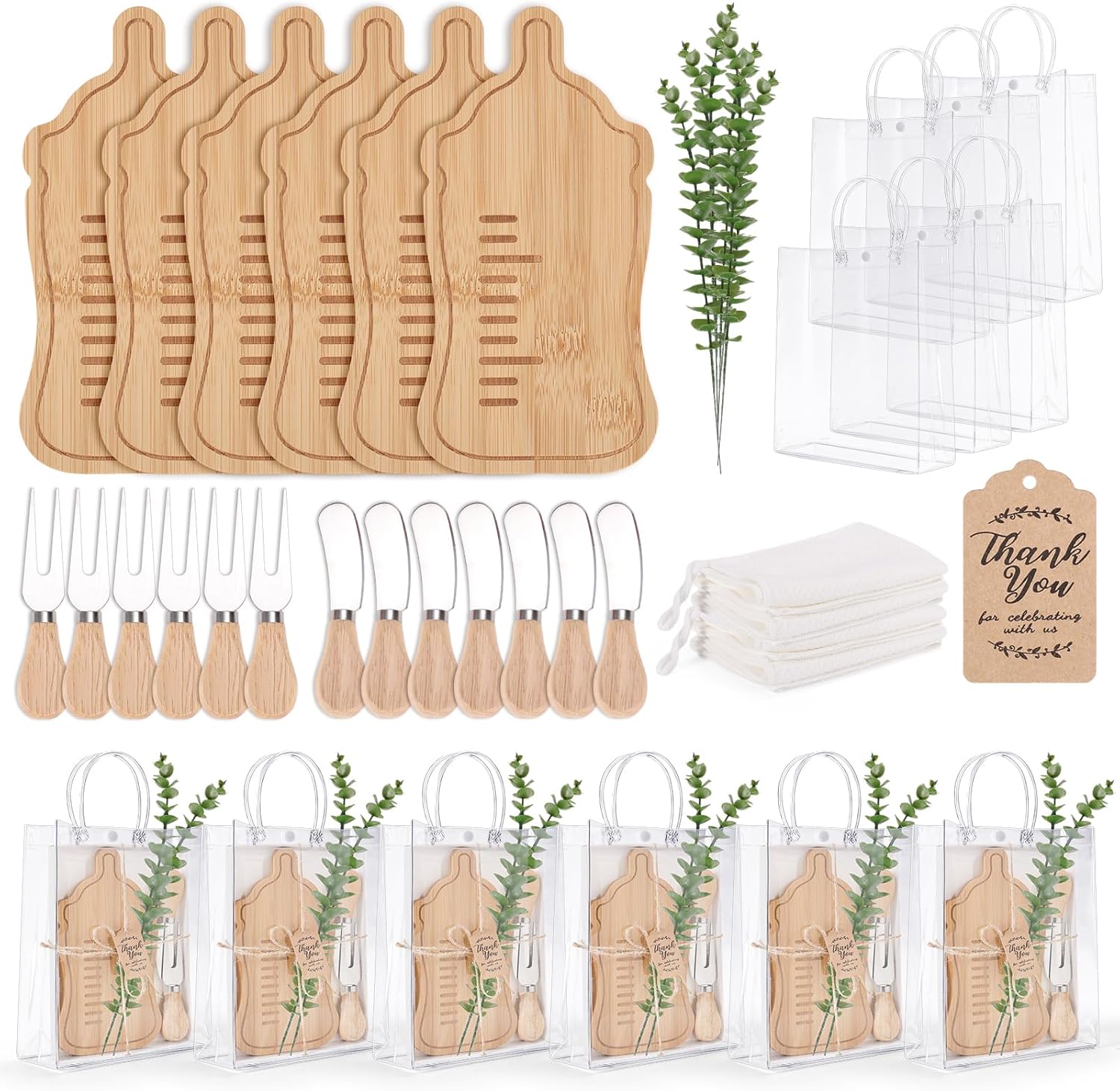 Whaline 48Pcs Baby Shower Prizes for Winners 6 Sets Charcuterie Board Party Favors Milk Bottle Shape Cheese Platter Tray Knife Fork Tags Bags Towels and Eucalyptus for Guest Baby Shower Gender Reveal