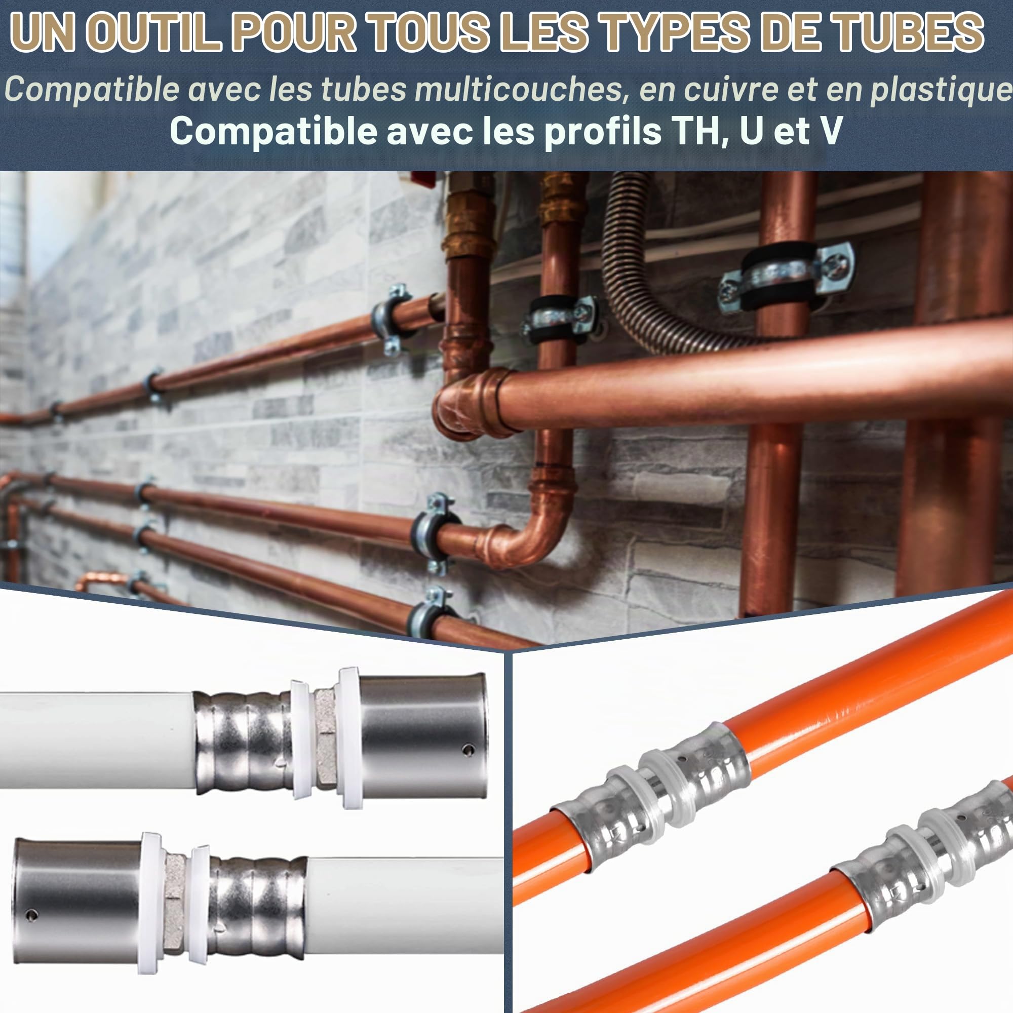 AMZCNC Pince à sertir électrique hydraulique sans fil avec contour TH U V - 14 inserts pour tube multicouche en cuivre - Tête de sertissage légère pour les espaces restreints - Tête de sertissage