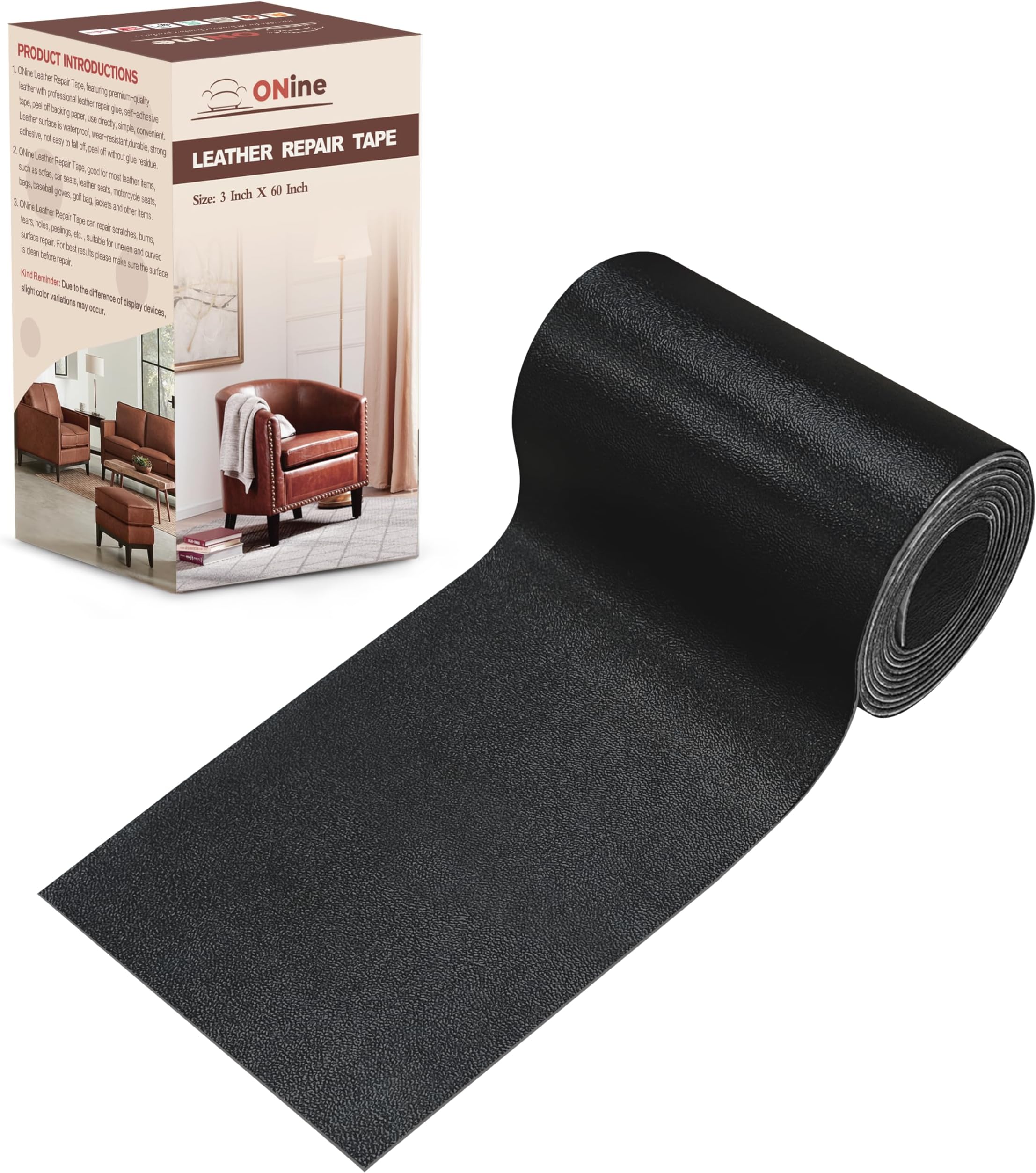 ONine Leather Repair Patch，Leather Repair Tape, 3 x 60 inches Leather Repair Patch for Furniture,Vinyl Repair kit，Leather Couch Patch，for Sofas, Furniture, car Seats(Black-Fine Grain)