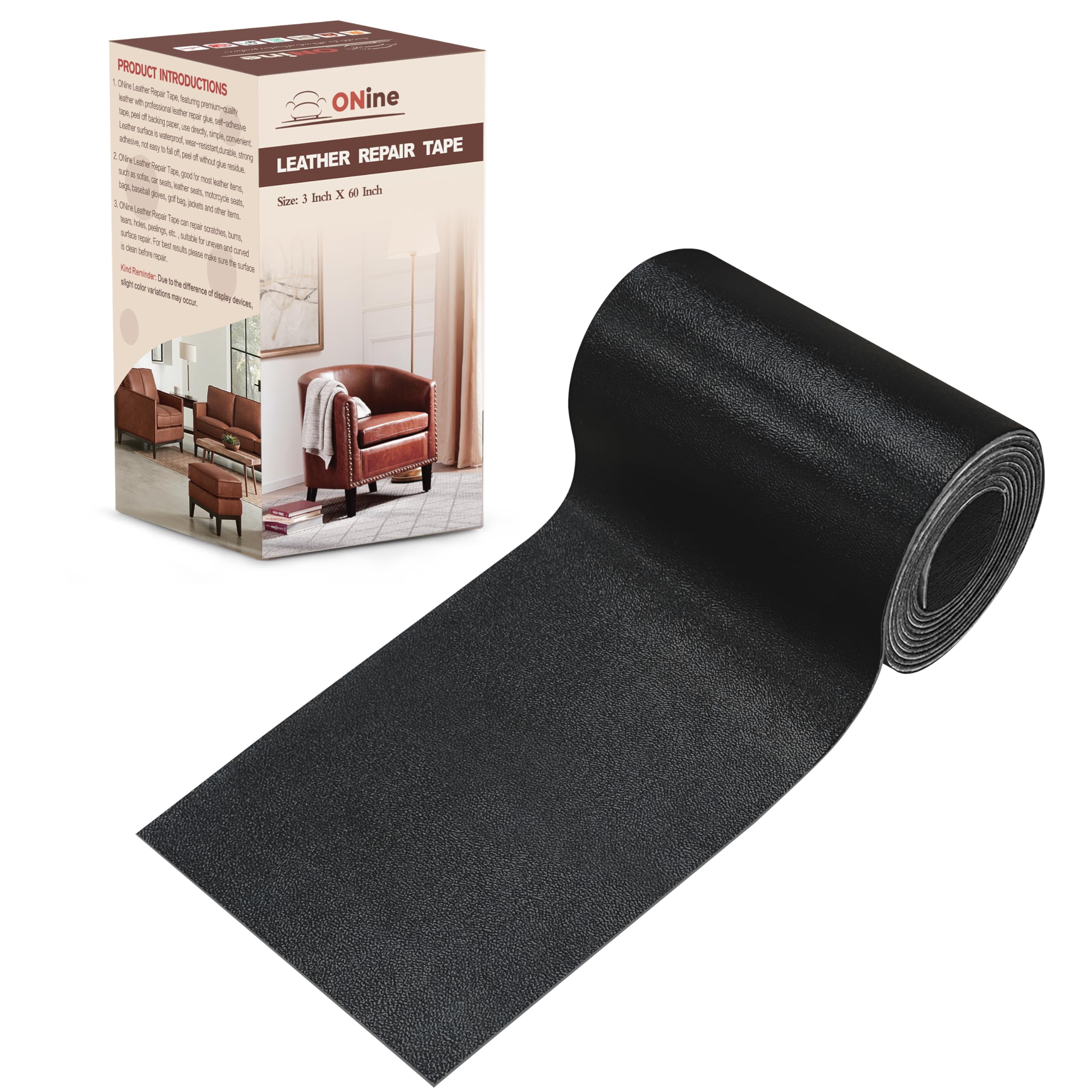 ONine Leather Repair Patch，Leather Repair Tape, 3 x 60 inches Leather Repair Patch for Furniture,Vinyl Repair kit，Leather Couch Patch，for Sofas, Furniture, car Seats(Black-Fine Grain)