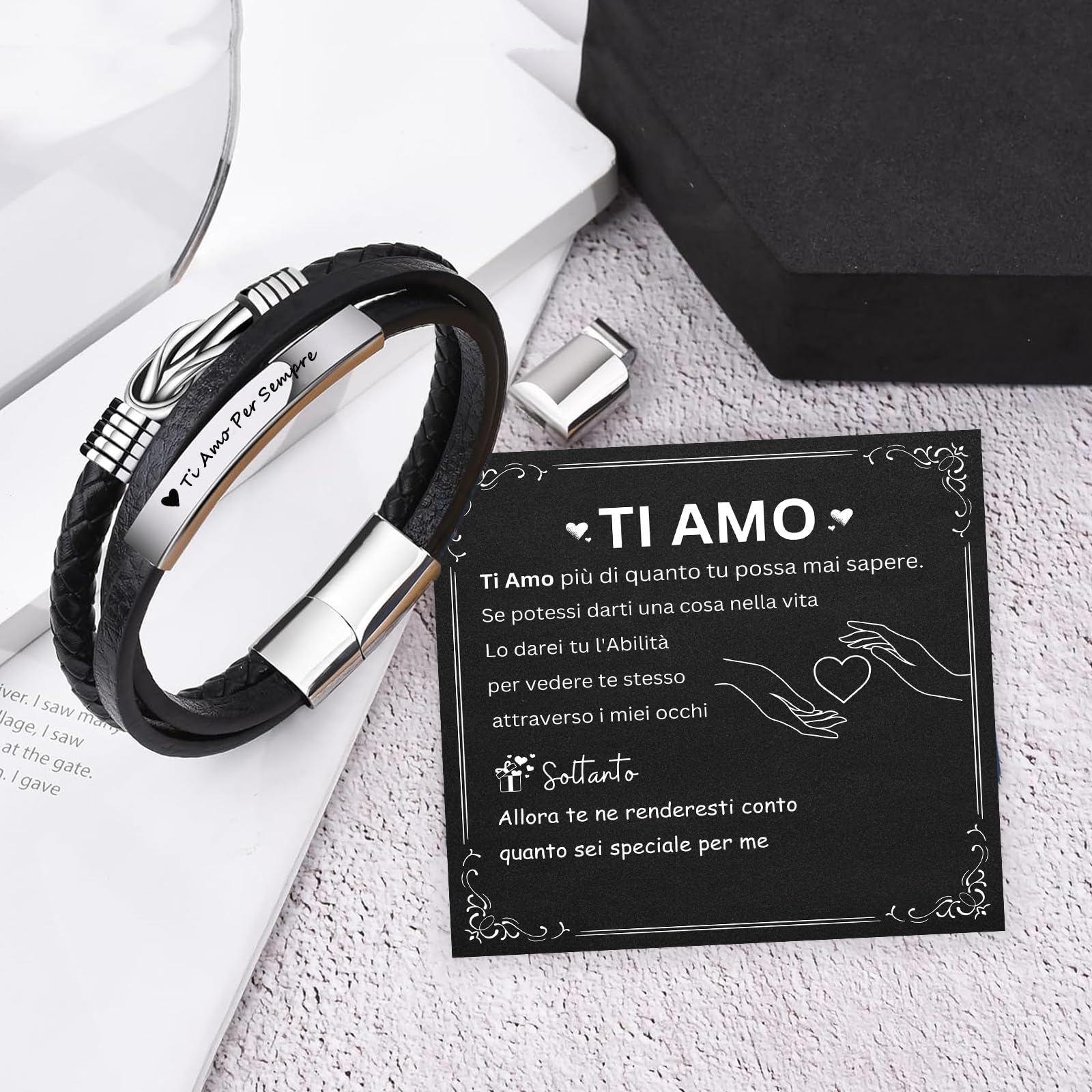 TERRISHE Regalo Uomo Bracciale Uomo Bracciale In Pelle Nera, Regalo per Papà Figlio Mariti Fidanzati, Regalo In Pelle per la Festa del Papà Laurea Compleanno Natale San Valentino