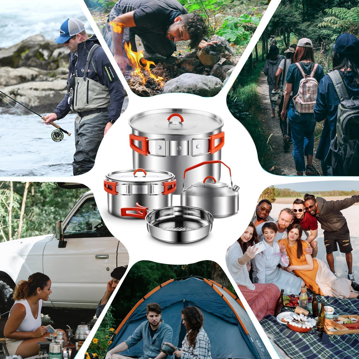 Camping Kochgeschirr Set,Camping Koch Set,304 Edelstahl Campingtöpfe und Pfannen Set,Campinggeräte für Wandern Outdoor Kochen Picknicks für 2-4 Personen