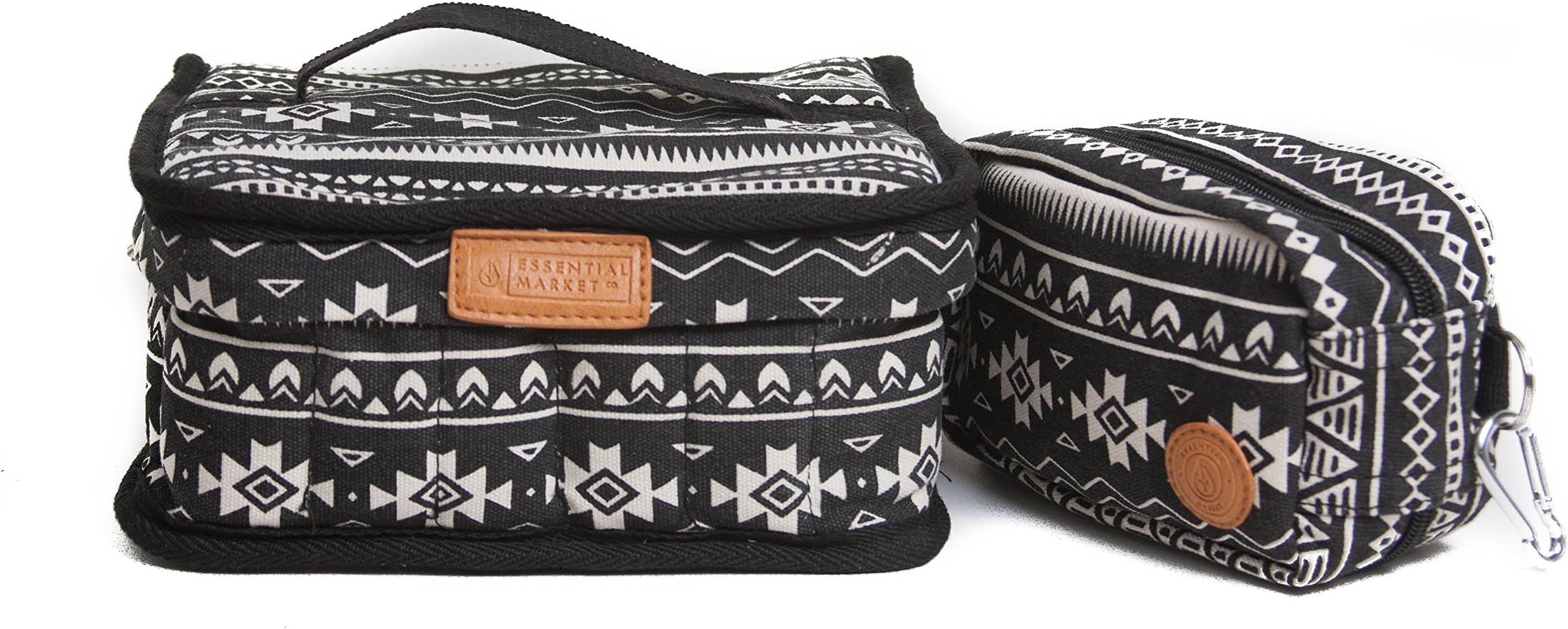 Essential Market - Essential Oils Storage Case & Accessory Travel Bag with 42 Vial Bottle Holders & 2 Big Pouches | Beautiful Black & White Protective Padded Canvas with Leather Zippers & Accents
