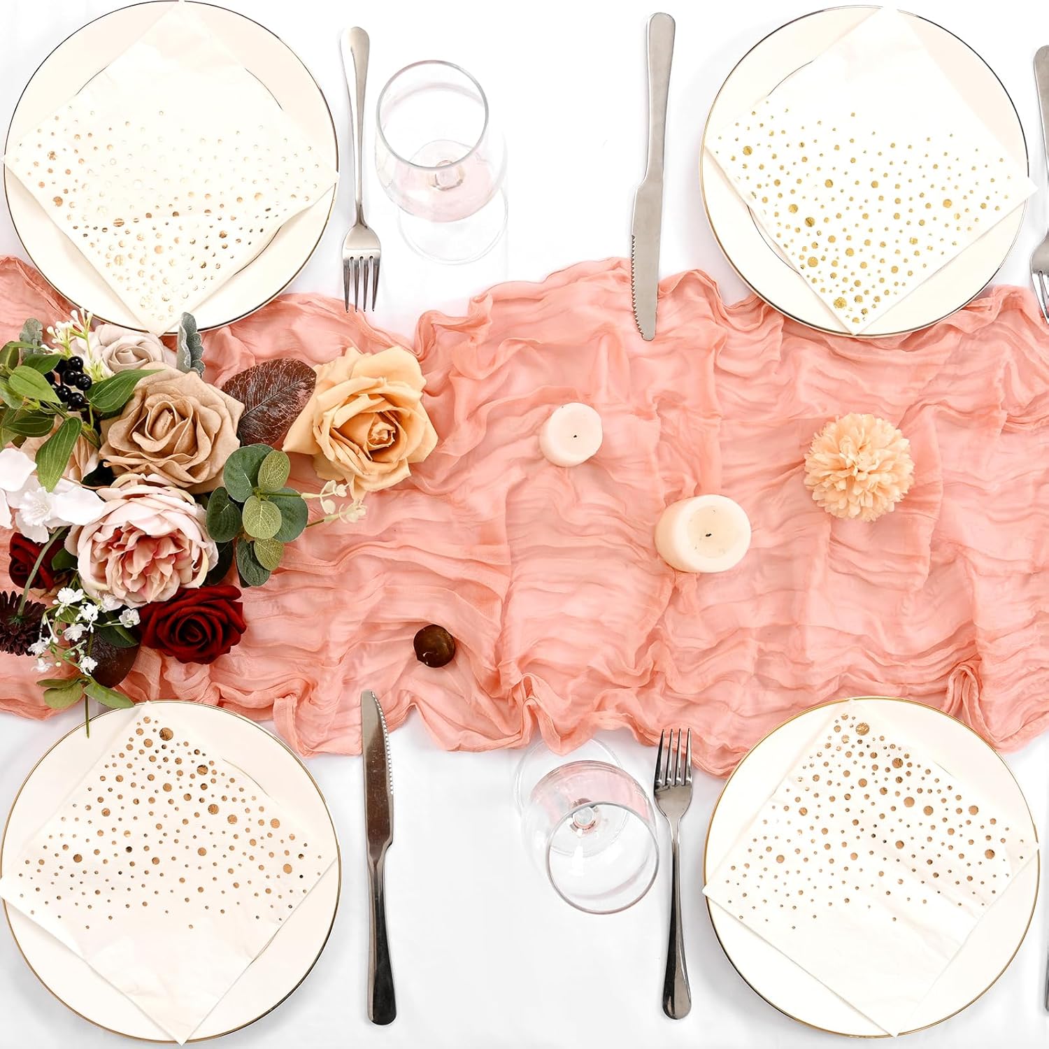 24 Pack Coral Cheesecloth Table Runner 10FT Cheese Cloths for Wedding Decor, 20x120inch Rustic Boho Gauze Table Runners for Wedding Party Bridal Shower Table Decoration