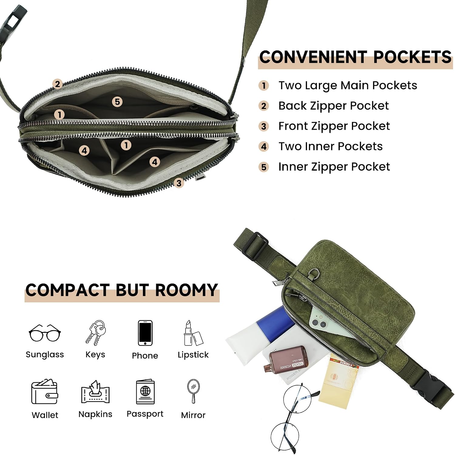 TAMTOMI Fanny Packs for Women Men Everywhere Belt Bag Vegan Leather Waist Packs with Adjustable Strap Crossbody Chest Bag Travel for Workout