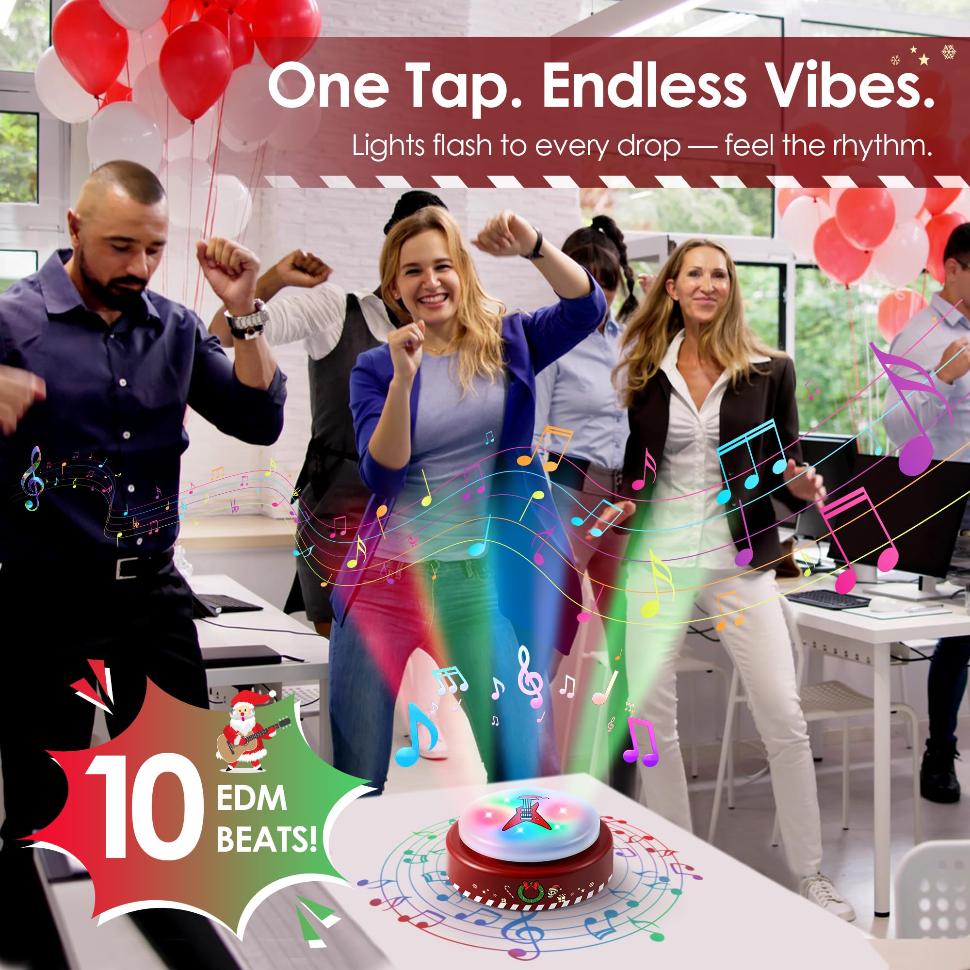 Feekoon Botón de música de baile reproduce 10 pistas EDM, botón de bomba de baile iluminado de 30 segundos con baterías, regalo divertido para aula, oficina, profesores, compañeros de trabajo y amigos