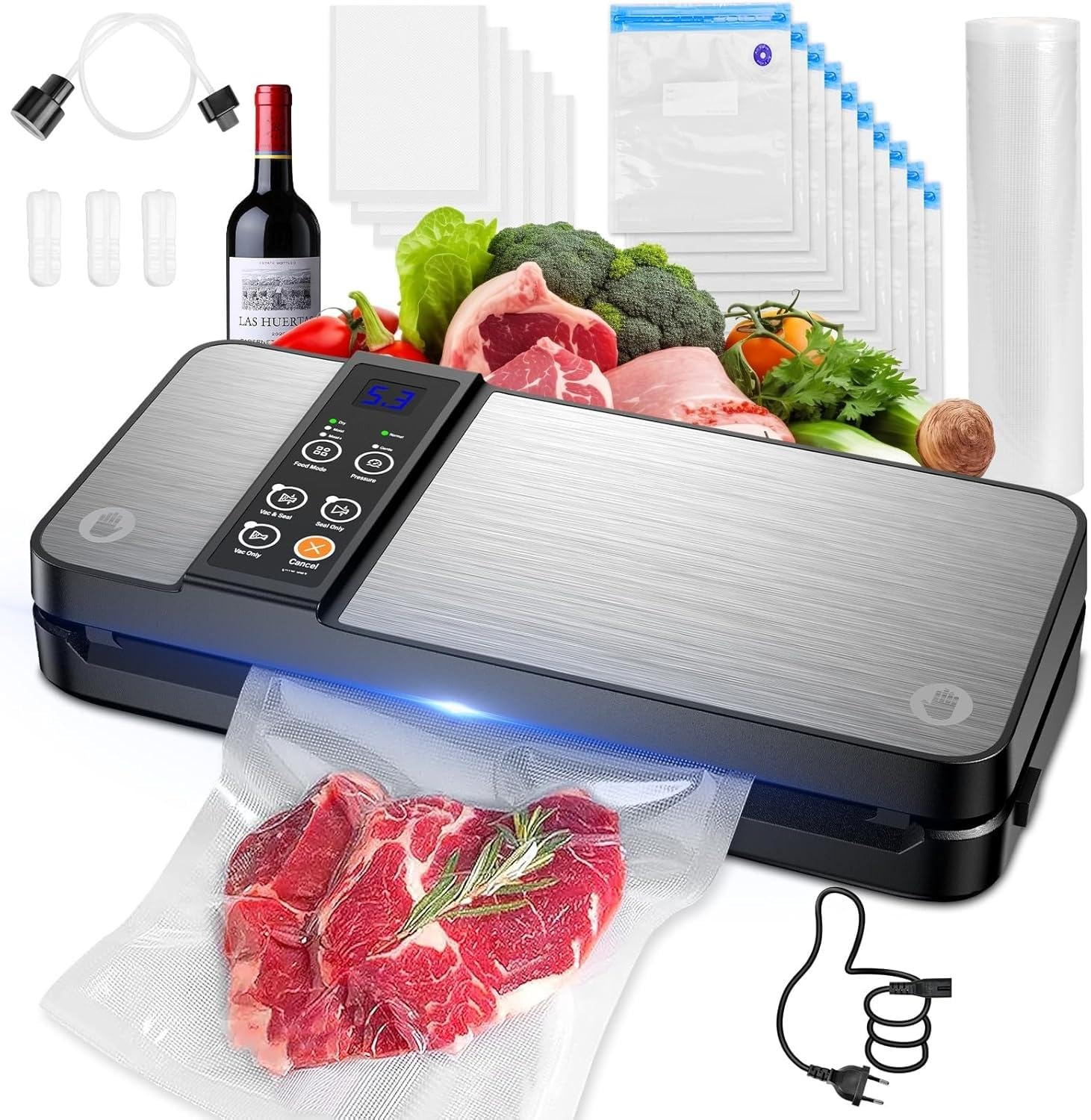 Macchina Sottovuoto Alimenti 8 in 1, Professionale 80KPA Vuoto Veloce e Display Digitale a LED,Stoccaggio Rotoli con Taglierina per Alimenti Freschi Secchi e Umidi Buste (Argenteo) (Argento)
