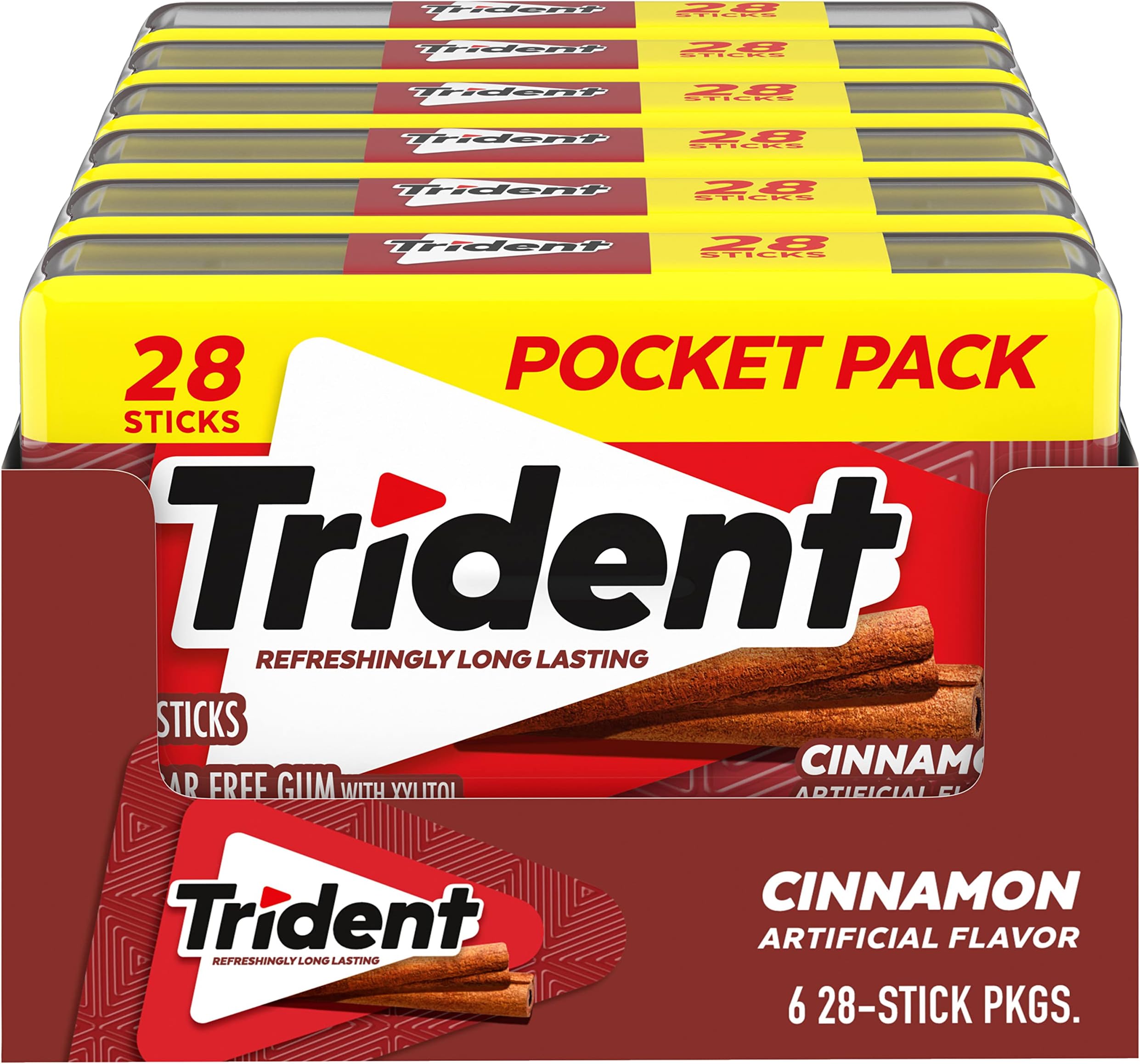 Trident Cinnamon Artificially Flavored Sugar Free Gum with Xylitol Pocket Pack, 28 Sticks, 6 Pack علكة ترايدنت بنكهة القرفة الخالية من السكر والمضاف إليها نكهة صناعية مع زيلتول في عبوة جيب