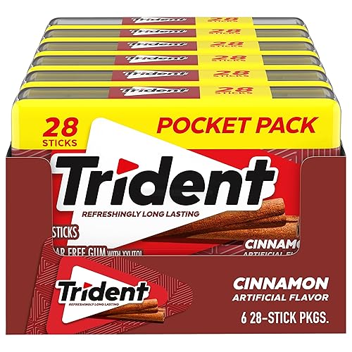 Trident Cinnamon - Goma de mascar sin azúcar, sabor a canela, 6 paquetes de bolsillo de 28 unidades (168 unidades en total)
