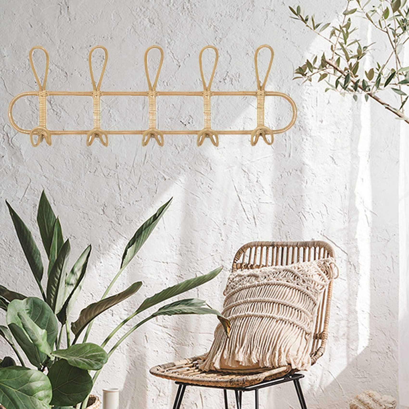 Jaimenalin Gran ratán para pared con ganchos, ropa, sombrero, gancho, colgador, tela organizadora, perchas para decoración integral