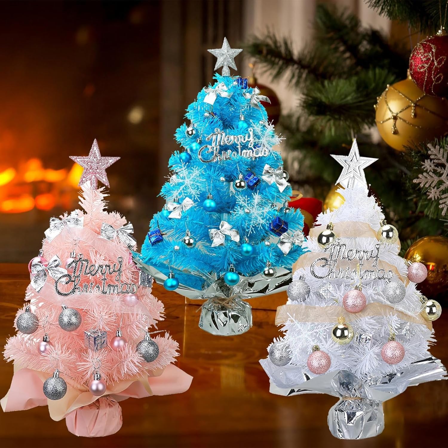 Petit Sapin de Noël Table 45 cm avec lumières et Boules décoratives for la Maison, Les fêtes Petits espaces(Roze)