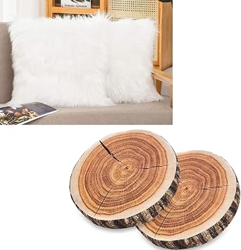 HYSEAS 2 Pack Decorative Round Throw Pillow Plus 2 Pack Decorative Faux Fur Throw Pillow Covers