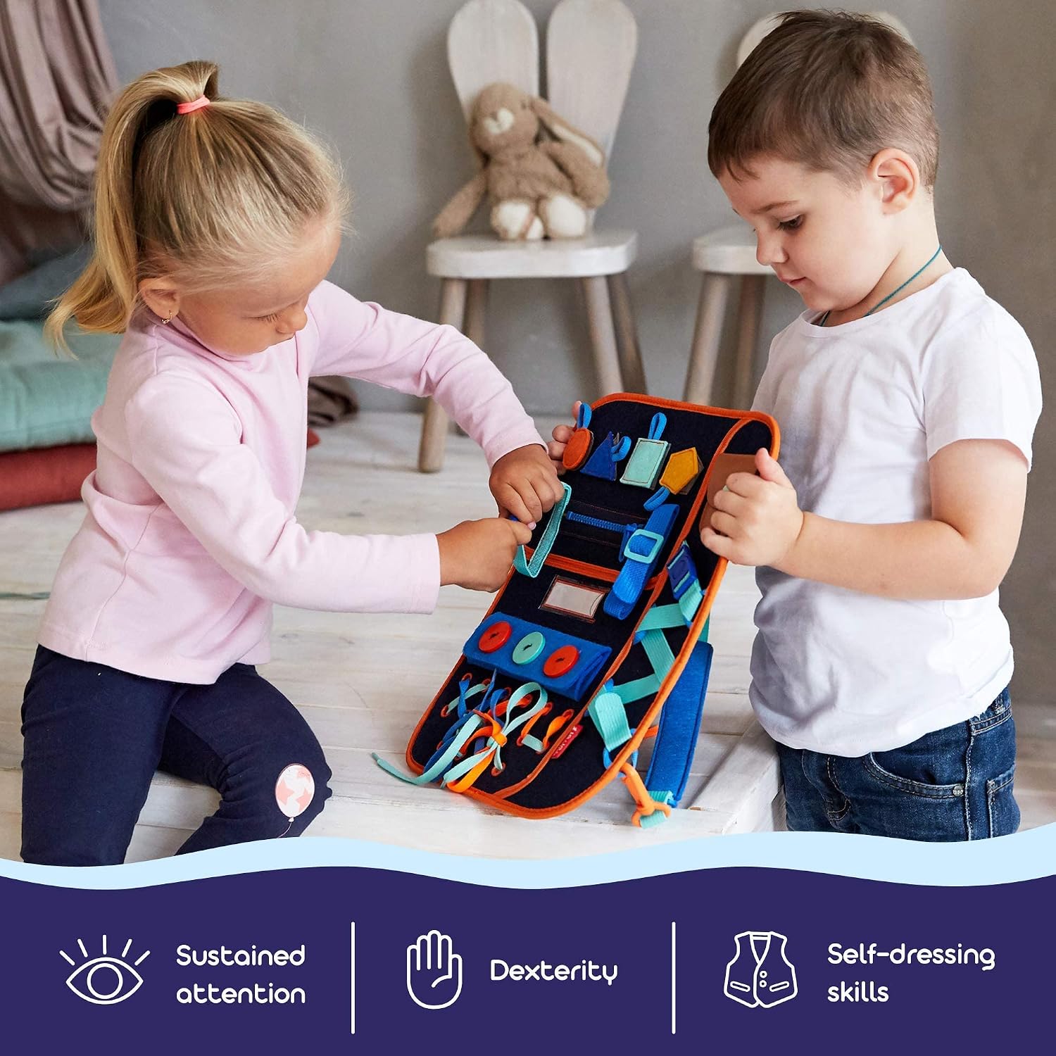 LA·LA · LLAMA Montessori Toddler Busy Board - Learning Backpack with Buckles Zippers Snaps & Buttons - Sensory Activity Board for Toddlers - Fine Motor Skills Toys for Kids 3 4 Year