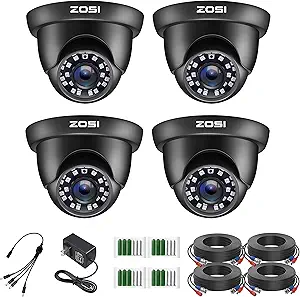 ZOSI 4 Pack 2MP 1080p HD-TVI Home Security Camera Outdoor Indoor 1920TVL, 24PCS LEDs, 80ft Night Vision, 90°View Angle, Weatherproof Surveillance CCTV Black Dome Camera asin的图片