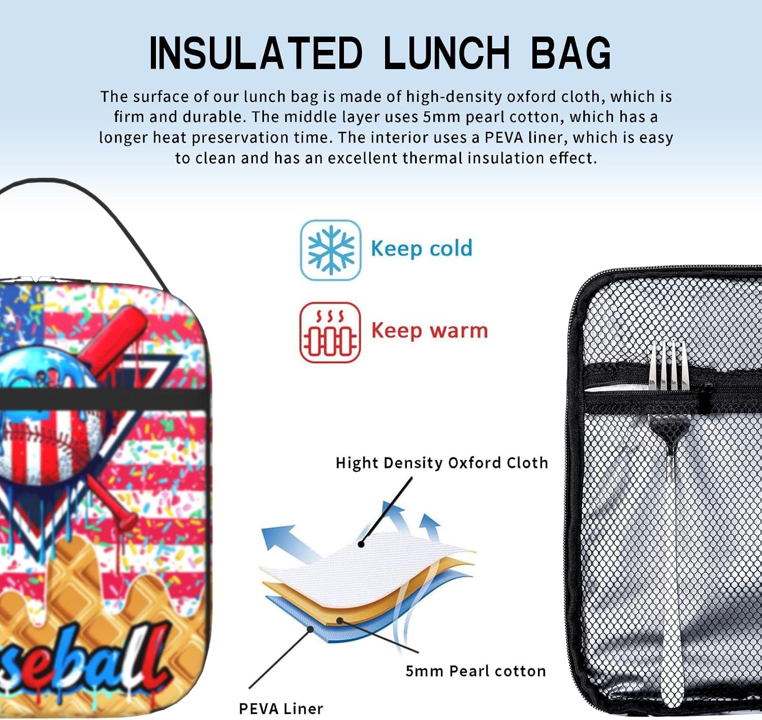 Baseball Ice Cream Drip Lunch Box For Boys Insulated American Flag Baseball Lunch Bag Reusable Portable Lunch Boxes With Adjustable Shoulder Strap For Kids Teens Picnic Travel