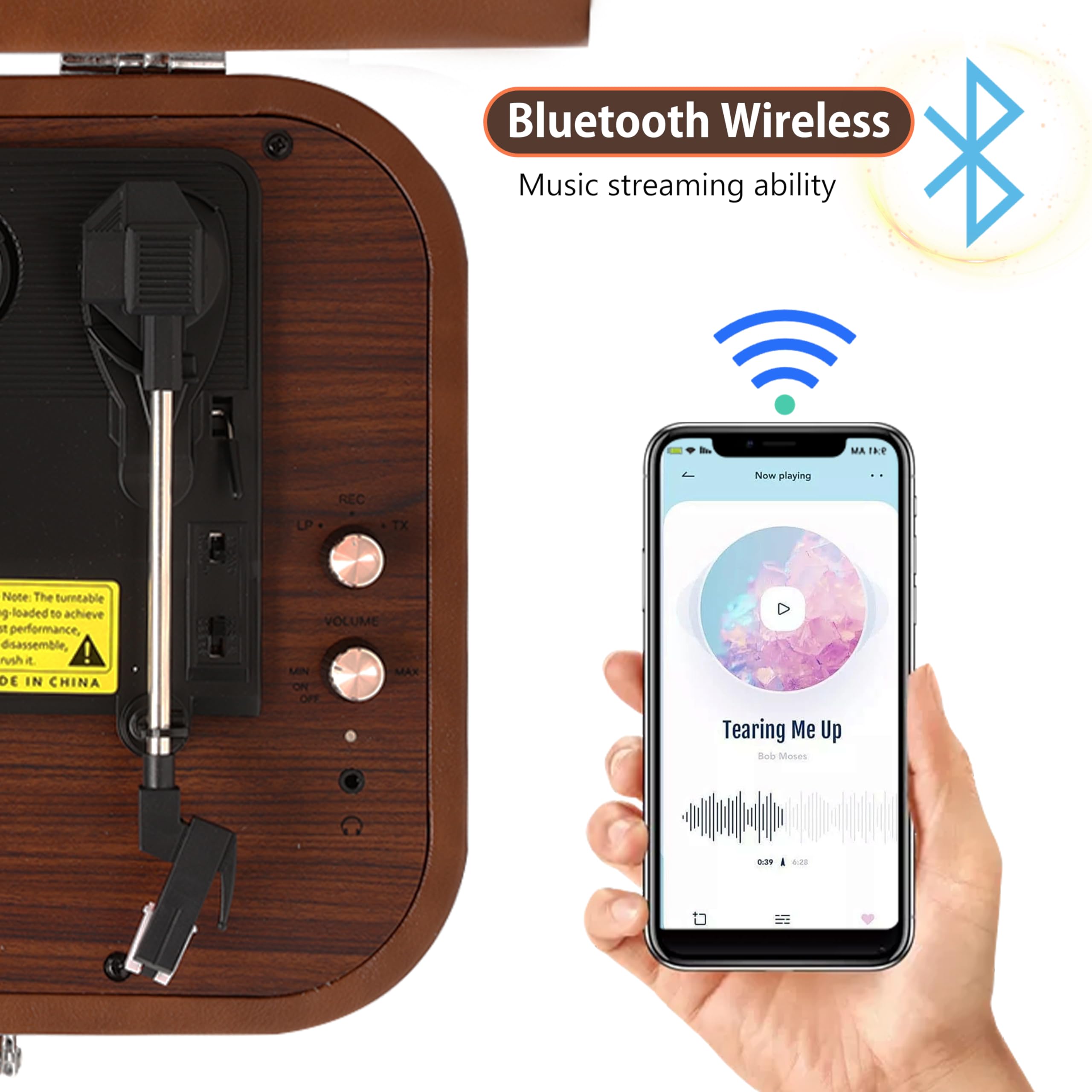 Giradischi Vinile, VOKSUN Giradischi Portatile Vintage con Altoparlanti Incorporati, Bluetooth In/Out Lettore LP Vinile 3 Velocità, Valigia USB, In AUX, Linea RCA, Jack Cuffie, Auto-Stop (Marrone)