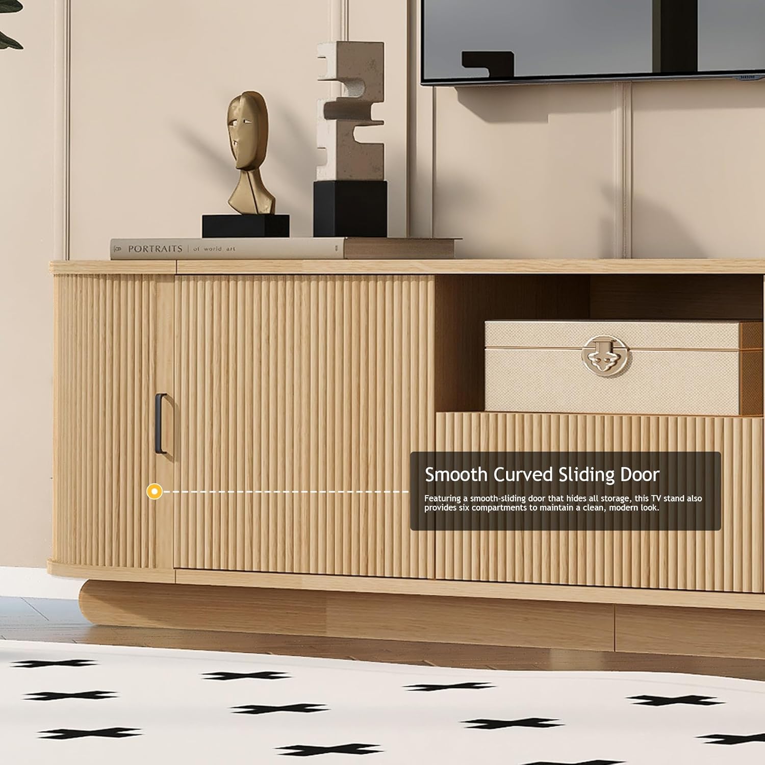 JIVOIT 78.70" W TV Stand with Open Shelf, Drawer, Two Spacious Cabinets, Hidden Sliding Storage, Rounded Corners, Wood Entertainment Center for Living Room (Acacia Wood//042)