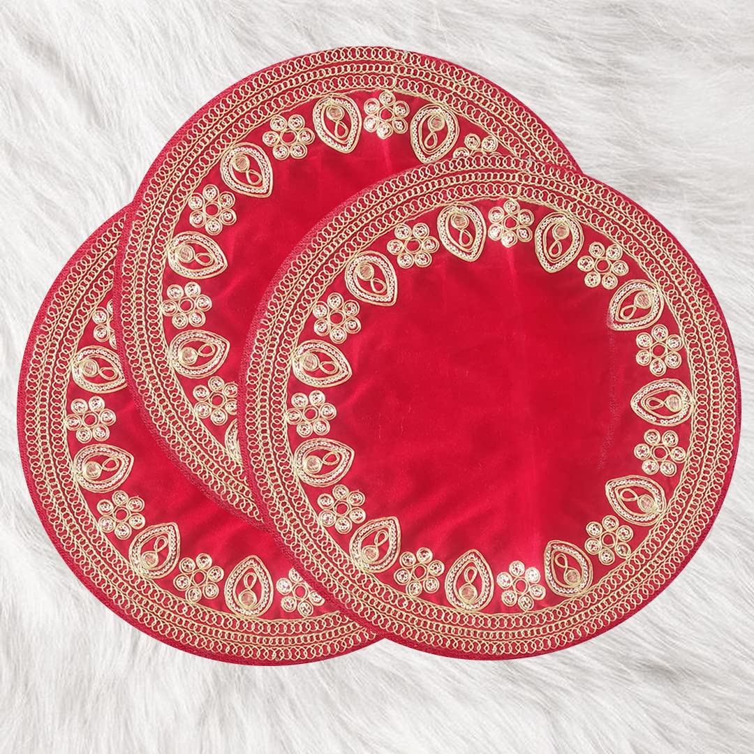 Red Velvet Designer Pooja Aasan Cloth Mandir Temple Home Office Base Chowki 38 x 38 cm (Set of 3)-picture-11