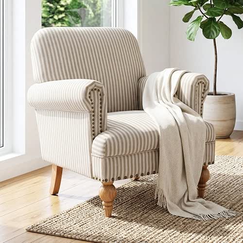 Khaki Striped Linen Fabric Accent Chair, Modern Farmhouse Upholstered Armchair