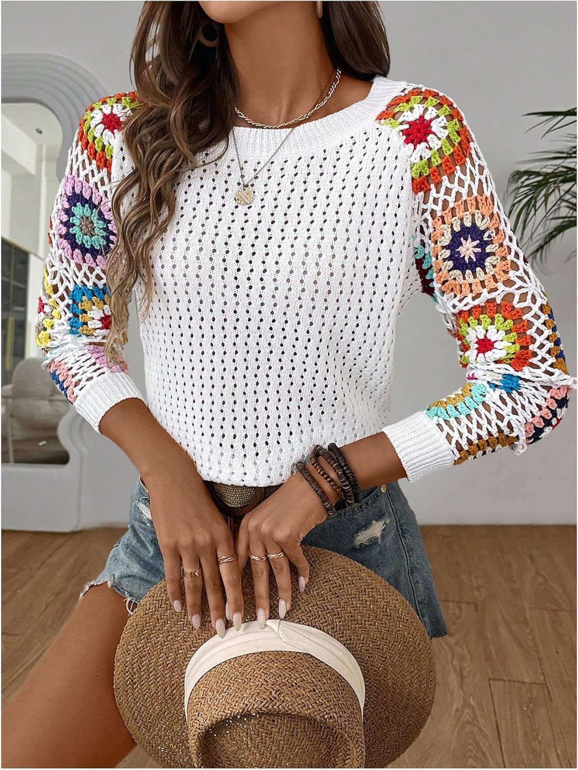 MAKEMECHIC Women's Floral Crochet Sweaters Long Sleeve Hollow Out Knit Vacation Tops - Image 4
