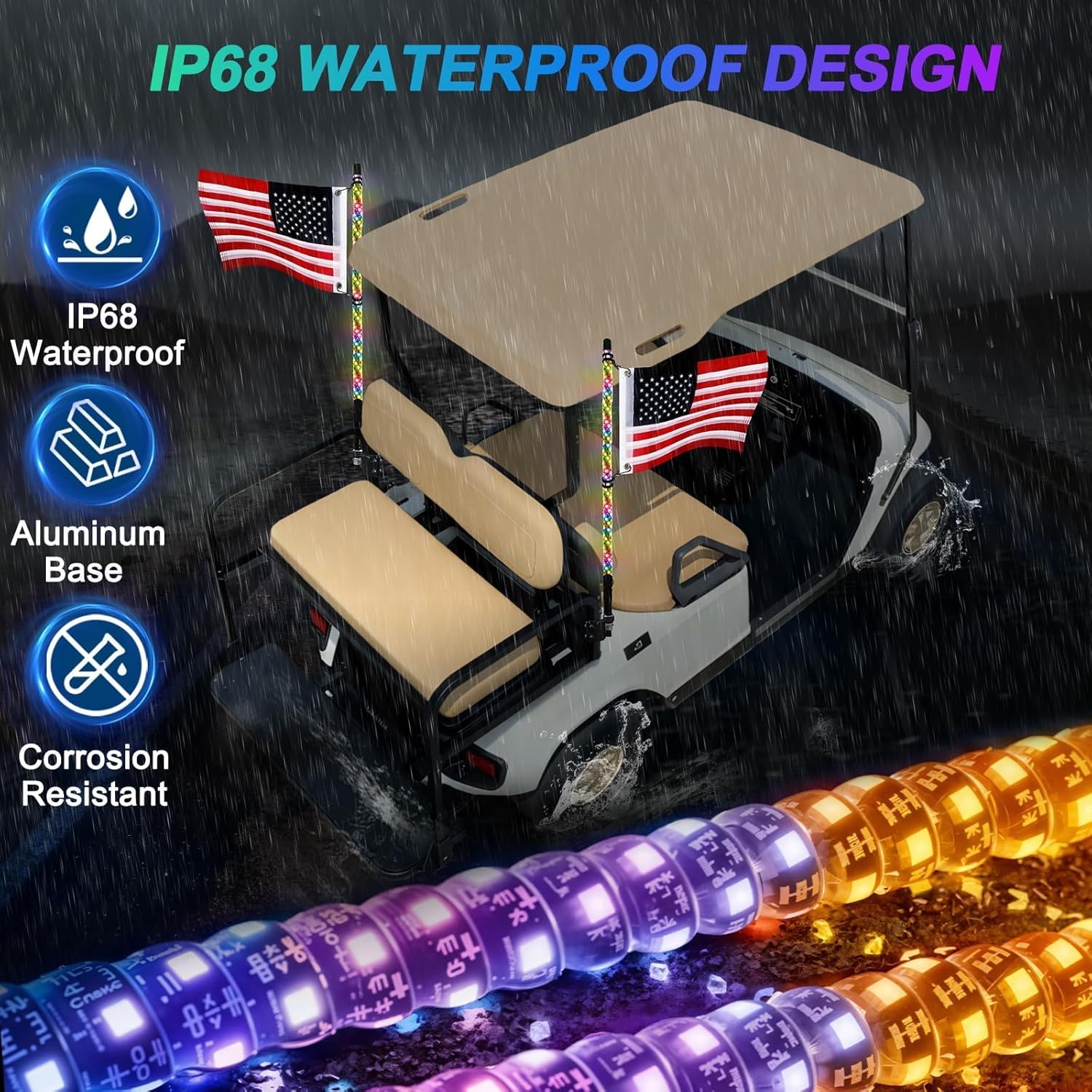 iLSKW 2-Pack 3FT Golf Cart LED Whip Lights Holder, for 1" Square Rails, APP&Remote Control RGB Whips, with Brake Turn Reverse Signal Function, for 36V 48V 72V Golf Carts (Included DC Converter)