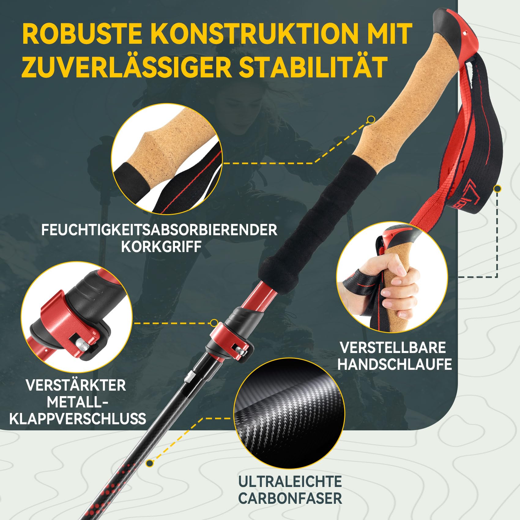Clostnature Wanderstöcke Faltbar Carbon, Leichte Faltbare Trekkingstöcke | Walking Stöcke für Damen, Herren und Senioren, mit Korkgriff, Nordic Walking Stöcke für Wandern, Trekking und Bergsteigen