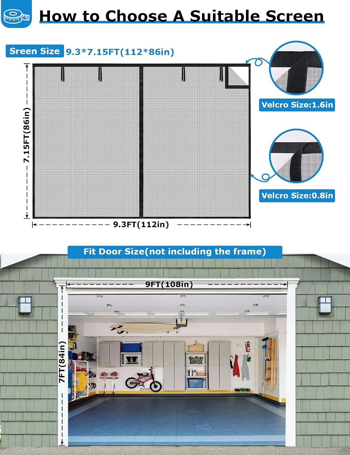 innhom Magnetic Garage Door Screen for 1 Car Garage, 9x7 FT Double Door Magnetic Closure Mesh with 36 Magnets, Fits Door up to 110"x84" Black
