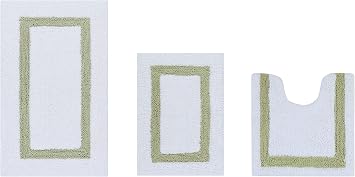 Better Trends 100% Cotton Hotel Collection Bath Mats Set, White & Sage Mats - Tufted, Reversible & Absorbent & Machine Washable 3 Piece Bathroom Rug Set, Toilet Base & Sink Bath Rug
