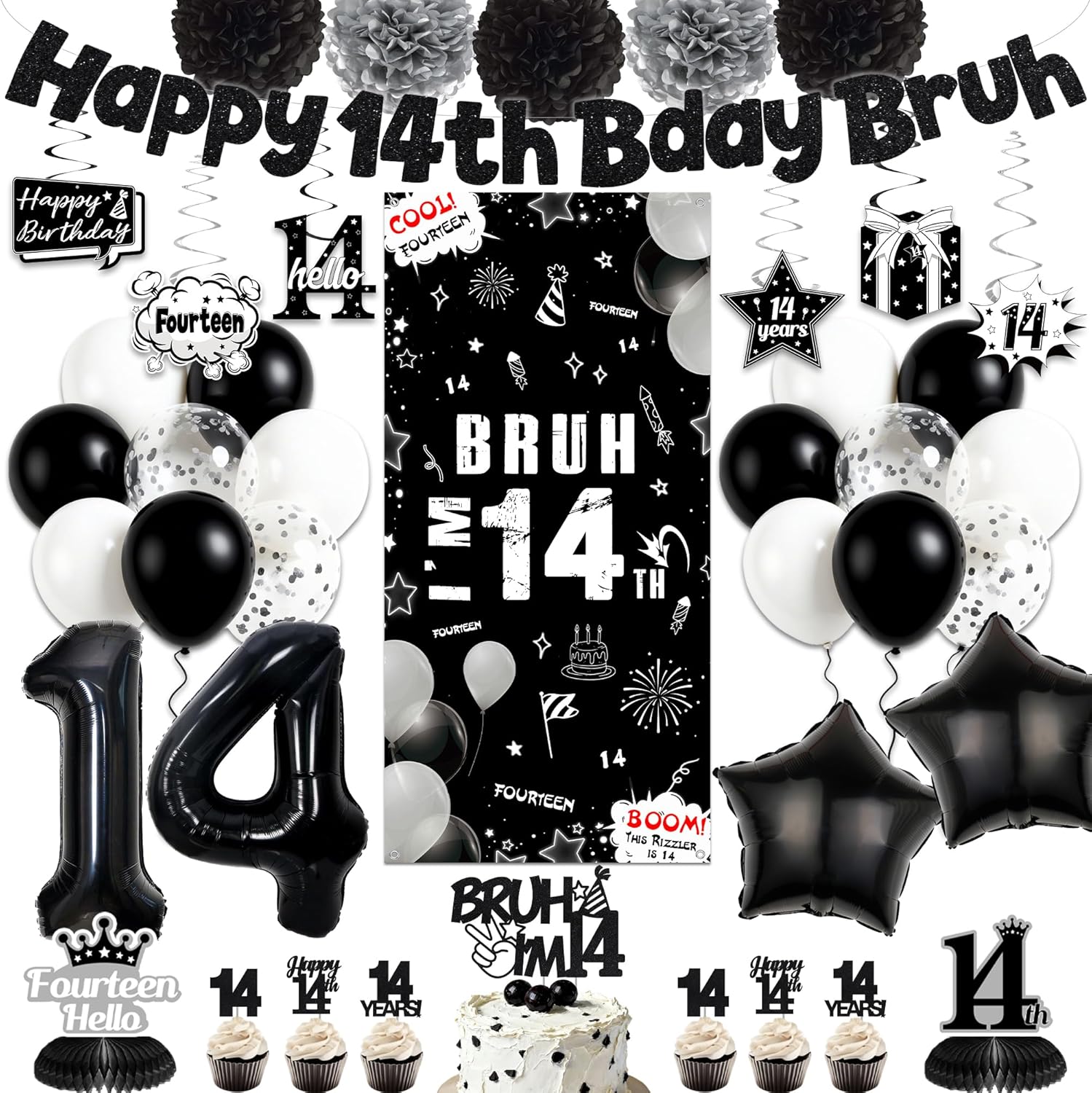 Black 14th Birthday Party Decorations - Happy 14th Bday Bruh Decoration Banner with Door Banner Hanging Swirls Balloons Cake Topper, Bruh I‘m 14 Fourteen Years Old Birthday Party Supplies for Boys