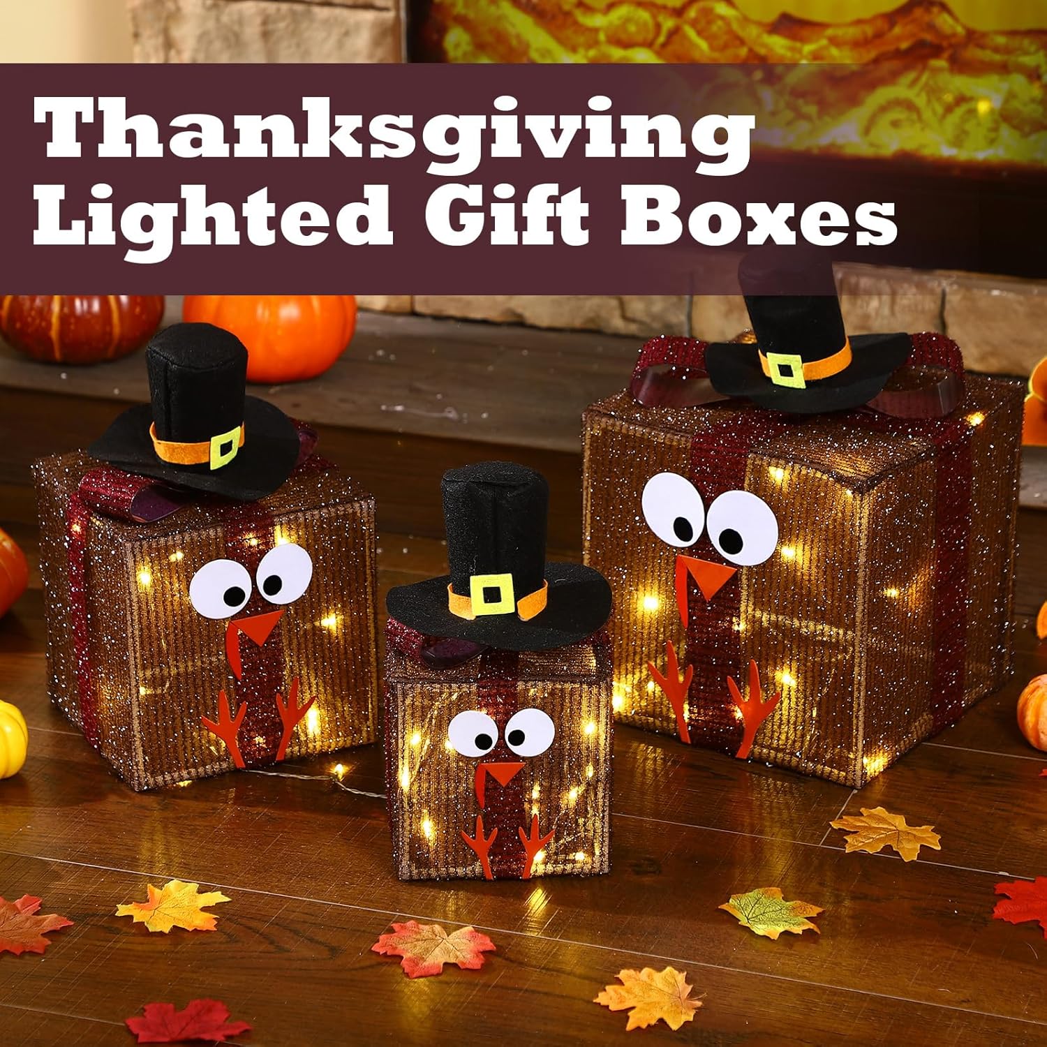 Epakh 3 Pack Lighted Turkey Outdoor Decor Thanksgiving Turkey Glowing Gift Box Glittering Thanksgiving Gift with Bow 60 LED Lights Present Boxes Decoration for Home Indoor and Outdoor Decor - Image 3
