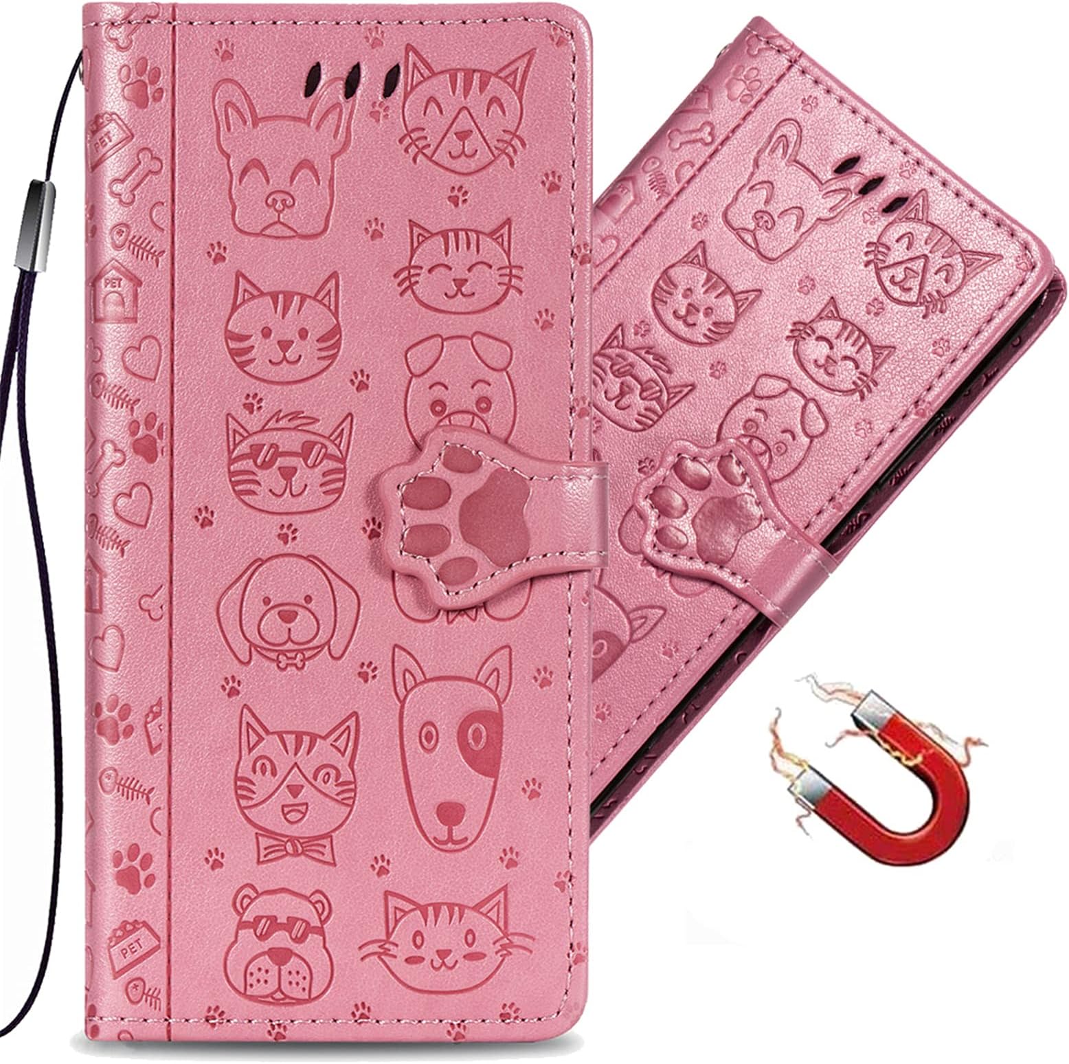 QIVSTARS Samsung Galaxy S22 5G Cat and Dog Phone Case for Embossed PU Leather 360 Degree Protector Case with Lanyard Kickstand Function Flip Cover for Samsung Galaxy S22 5G Animals Pink SD4
