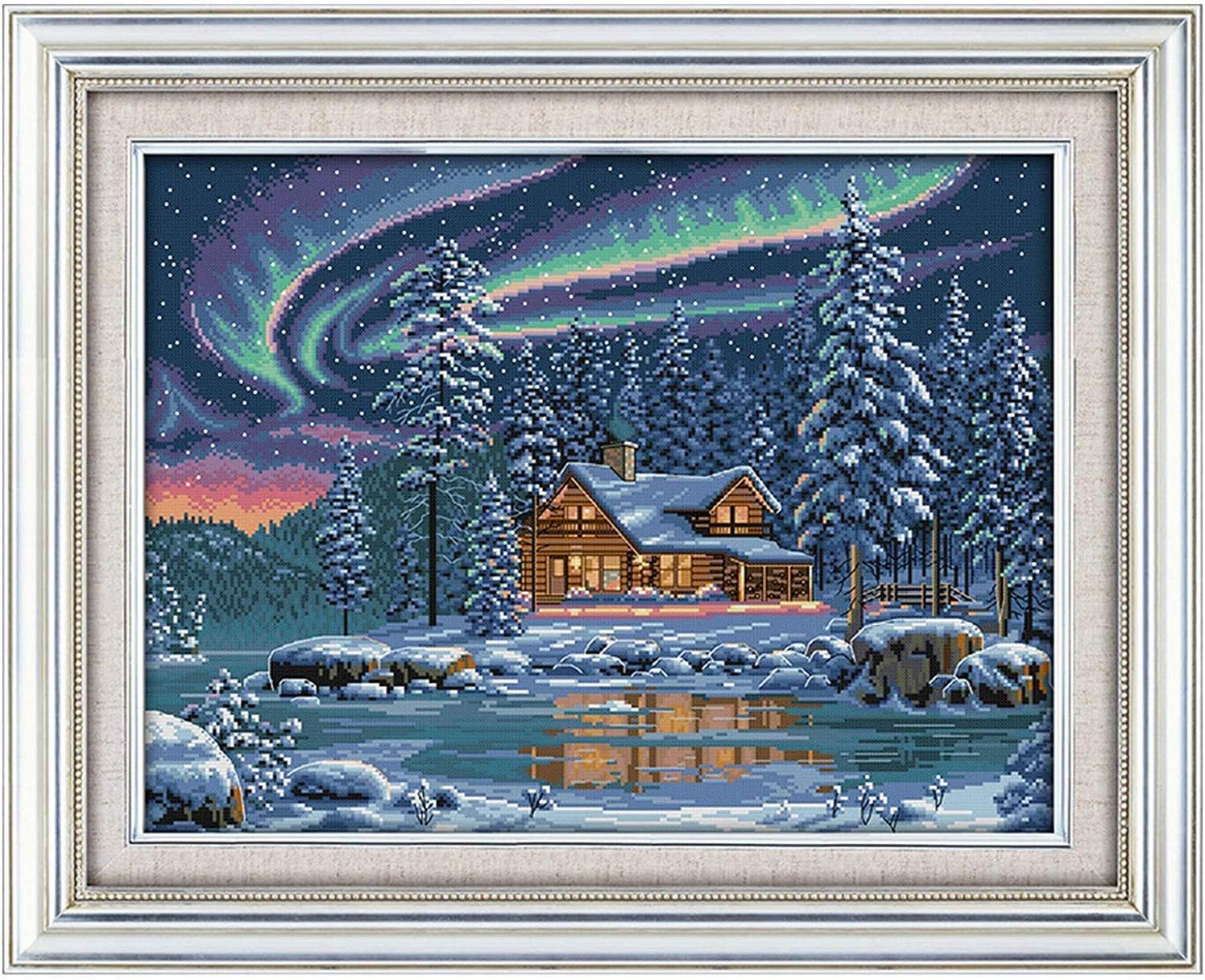 Happy Forever Cross Stitch Kits 11CT Stamped Patterns for Kids and Adults, Preprinted Embroidery kit for Beginner, Scenery View and Landscape (F765 The Aurora Borealis, Size 24''x19'')